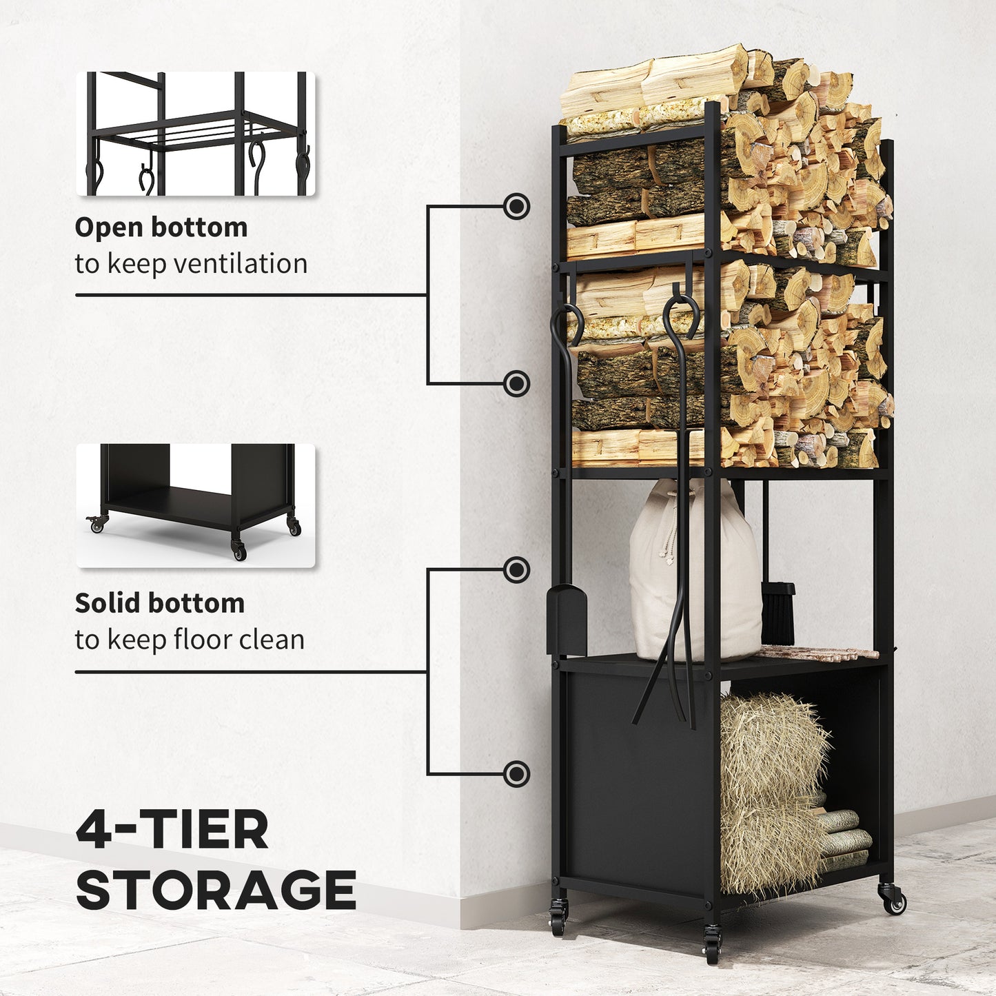 4-Tier Outdoor Indoor Firewood Rack with Wheels and 4 Tools, Powder-Coated Steel Wood Storage Rack Log Holder Firewood Racks   at Gallery Canada