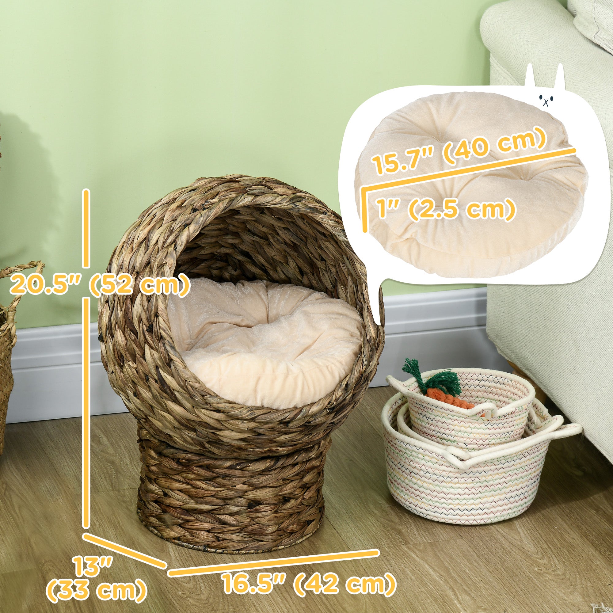 Wicker Cat Bed with Cushion, Stand, for Indoor Cats, Grey Cat Houses Grey (base) & Beige (cushion)  at Gallery Canada