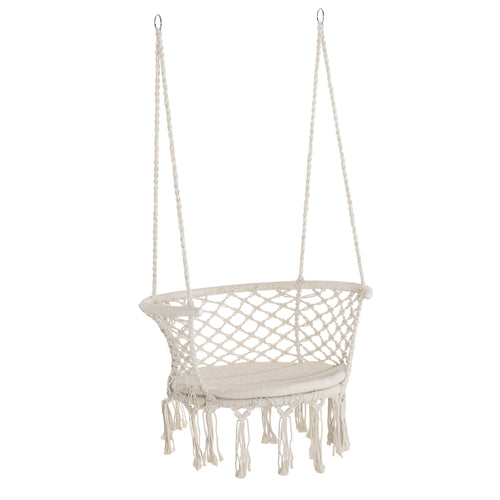 Hanging Hammock Chair, Cotton Rope Porch Hammock Swing with Metal Frame and Cushion, Large Macrame Seat for Patio, Garden, Bedroom, Living Room, Cream White