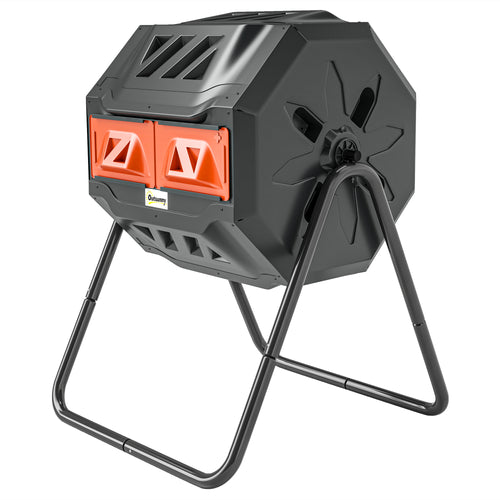 Tumbling Compost Bin Outdoor Dual Chamber 360° Rotating Composter 43 Gallon with Sliding Doors, Orange