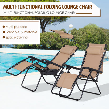 2 Piece Foldable Lounge Chair with Canopy Shade, Outdoor Zero Gravity Chair with Side Tray &; Cup Holder, Reclining Lounger with Breathable Mesh Fabric Seat, Pillow, Beige Lounger Chairs at Gallery Canada