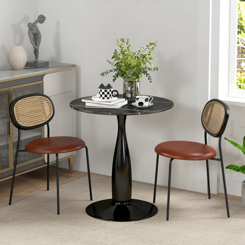 Round Dining Table, Modern Dining Room Table with Faux Marbled Top, Steel Base, Space Saving Small Kitchen Table, Black