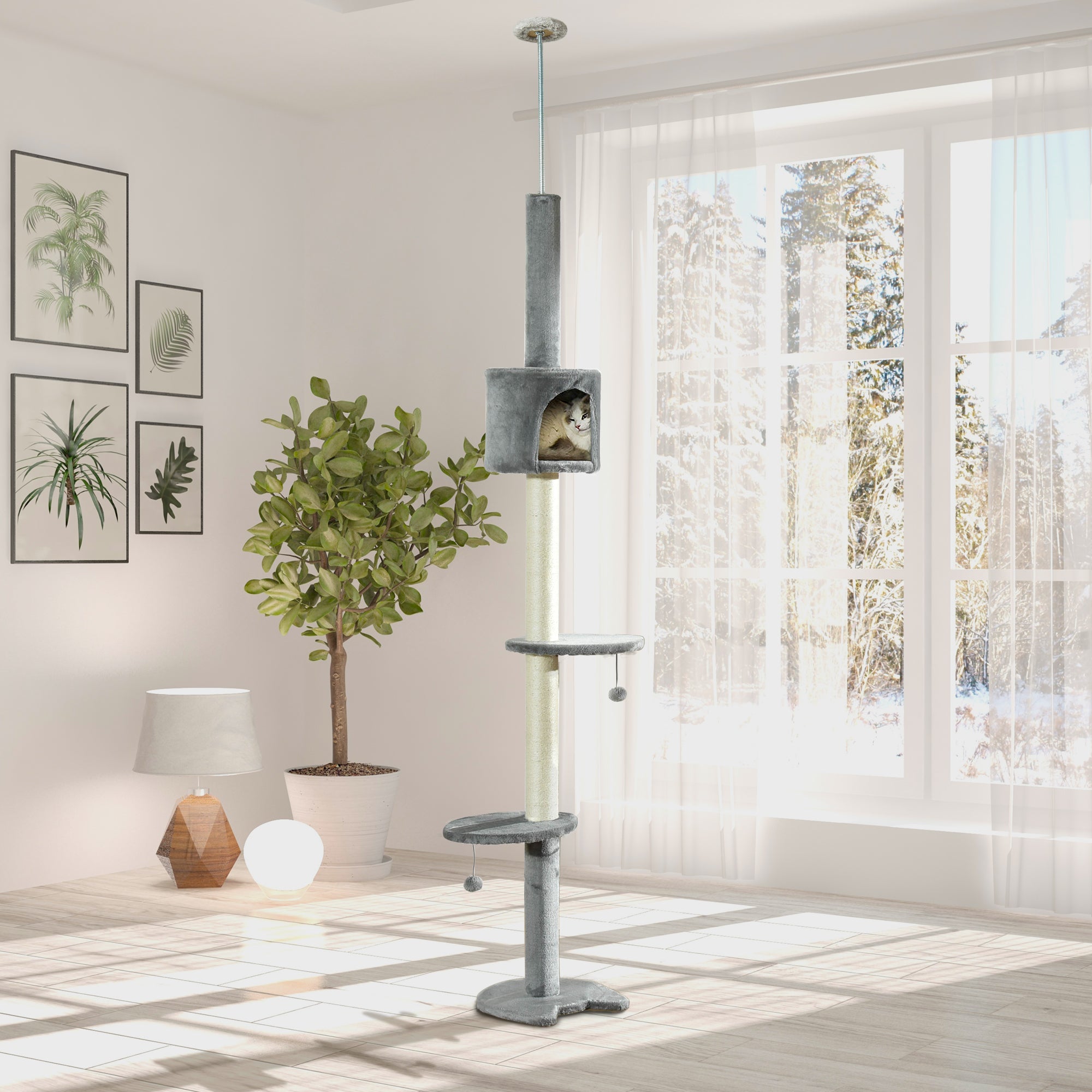 4-Tier Floor to Ceiling Cat Tree, Tall Cat Tower with Scratching Post, Plush Padding, Toy Ball, Cat Condo for Indoor Cats, Light Grey Floor to Ceiling Cat Trees at Gallery Canada