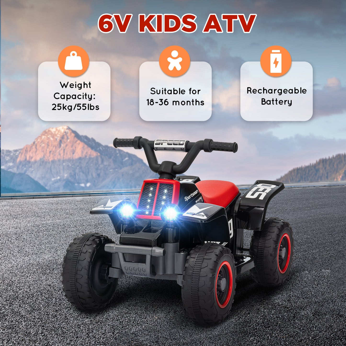 6V Kids ATV Quad, 4 Wheeler Battery Powered Electric Ride on Car w/ Lights, Forward Backward, for 3-6 Years, Black Electric Toy Cars   at Gallery Canada