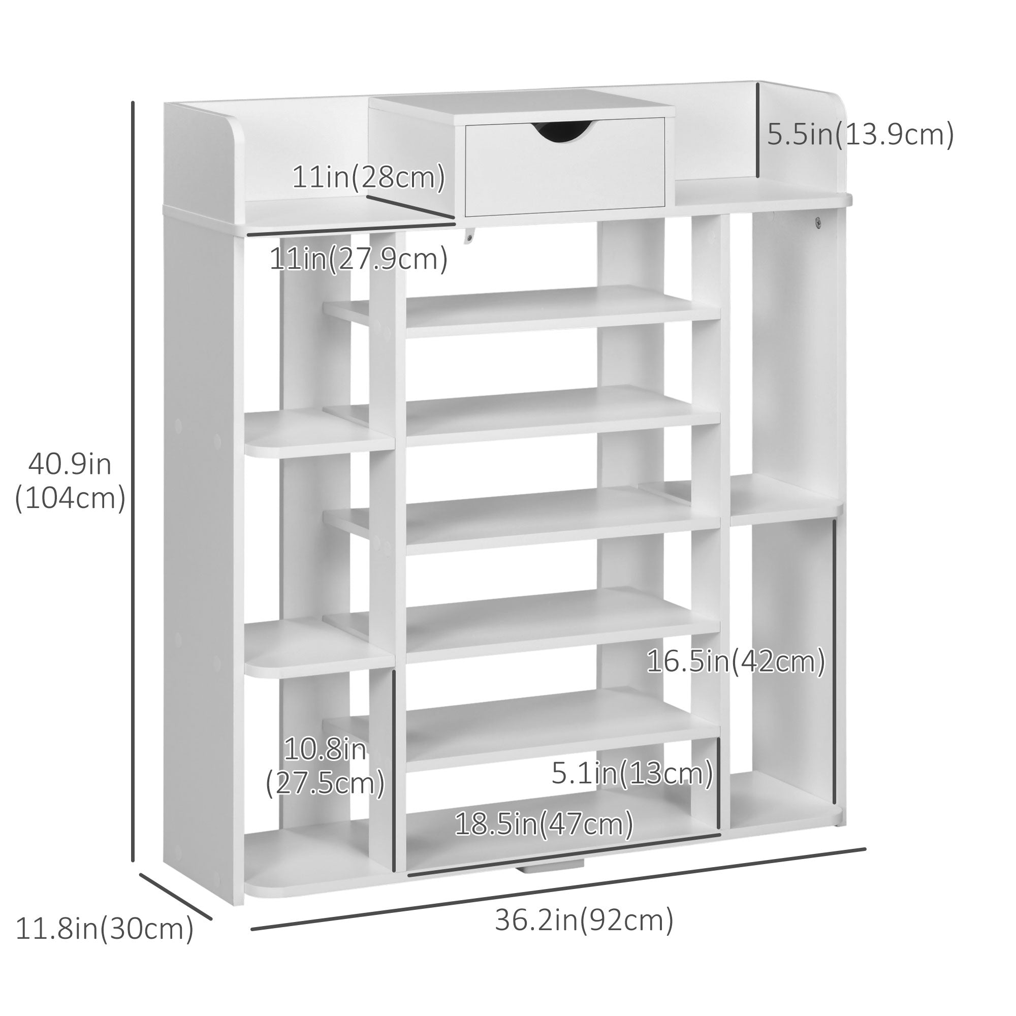 7-Tier Shoe Rack with Drawer, 11 Shelves for 17 Pairs, Space-Saving, White Shoe Storage Cabinets & Racks   at Gallery Canada