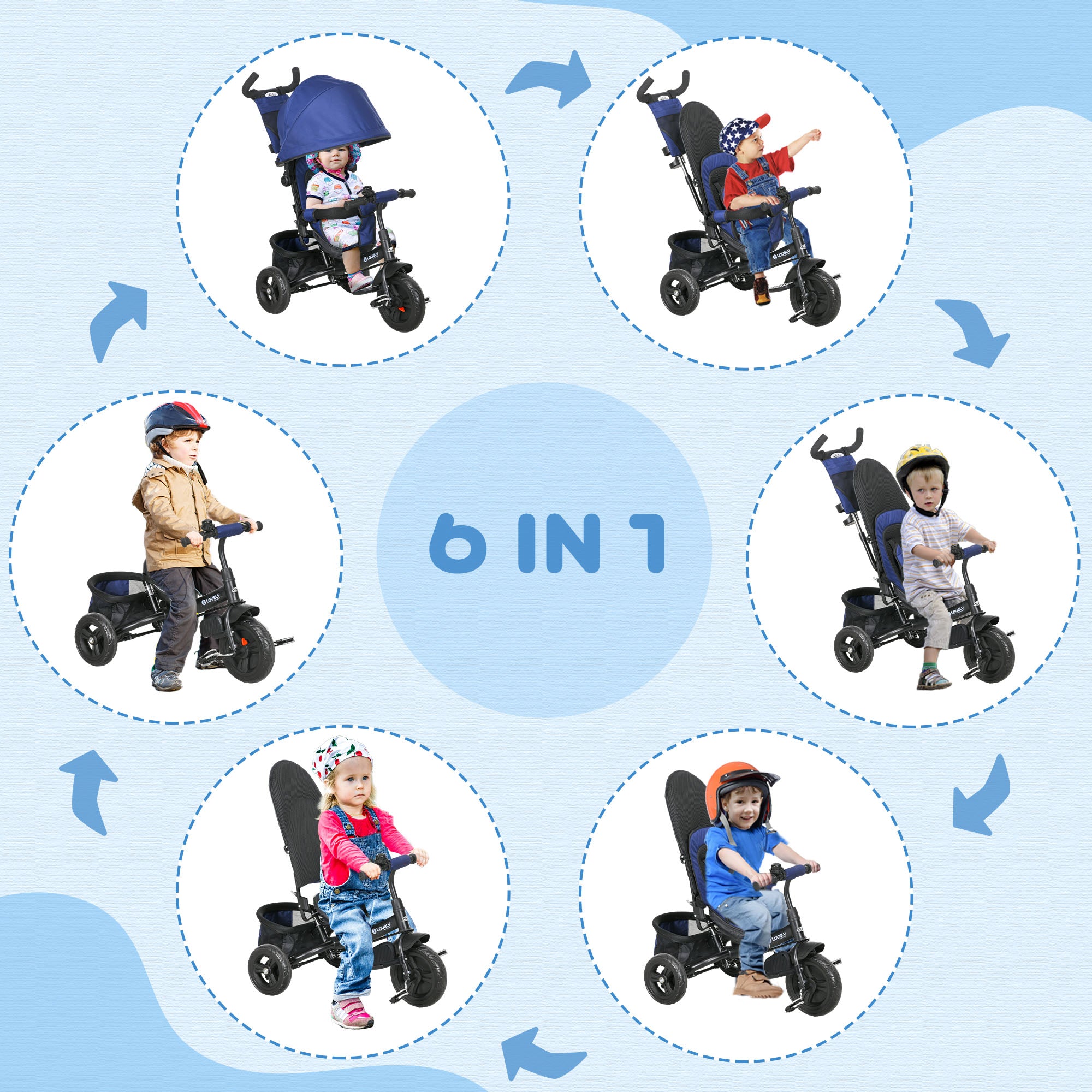 6 in 1 Tricycle for Toddler 1-5 Years with Parent-Push Handle, Dark Blue Tricycles for Kids   at Gallery Canada