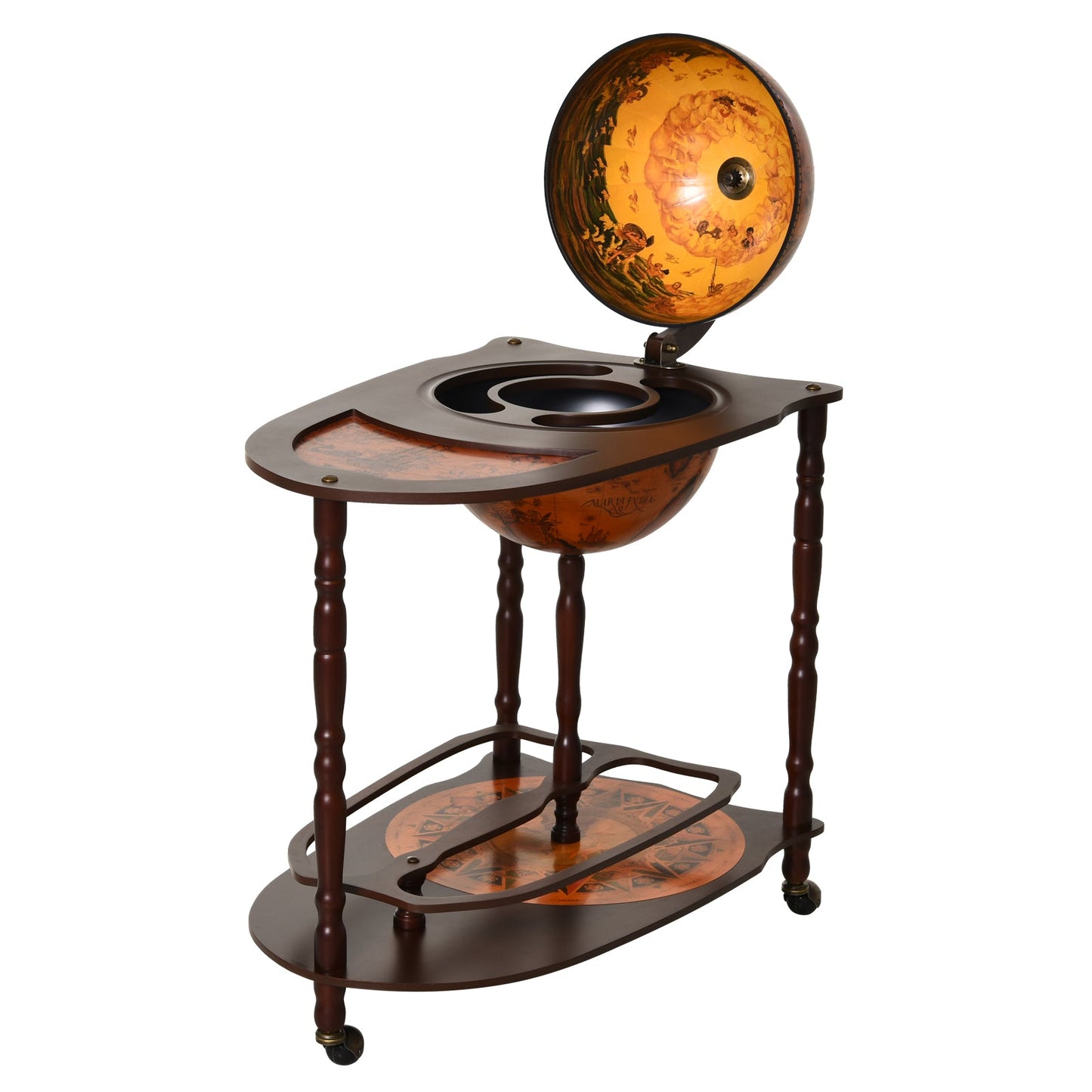 35" Wood Globe Wine Bar Stand Retro Style Rack Storage Trolley Glass Bottle Holder with Rolling Wheels Wine Racks Brown  at Gallery Canada