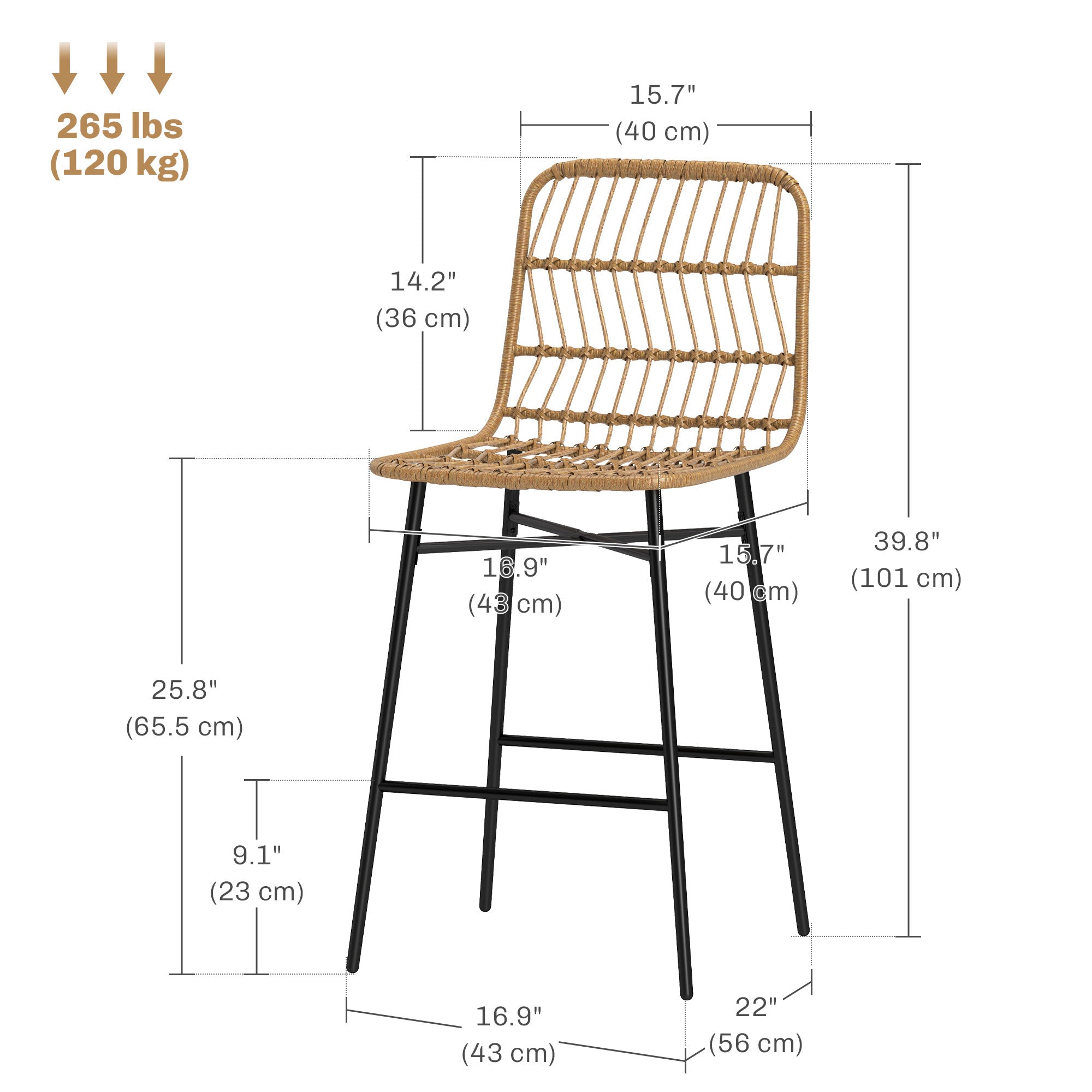 Rattan Counter Height Bar Stools Set of 2, 26