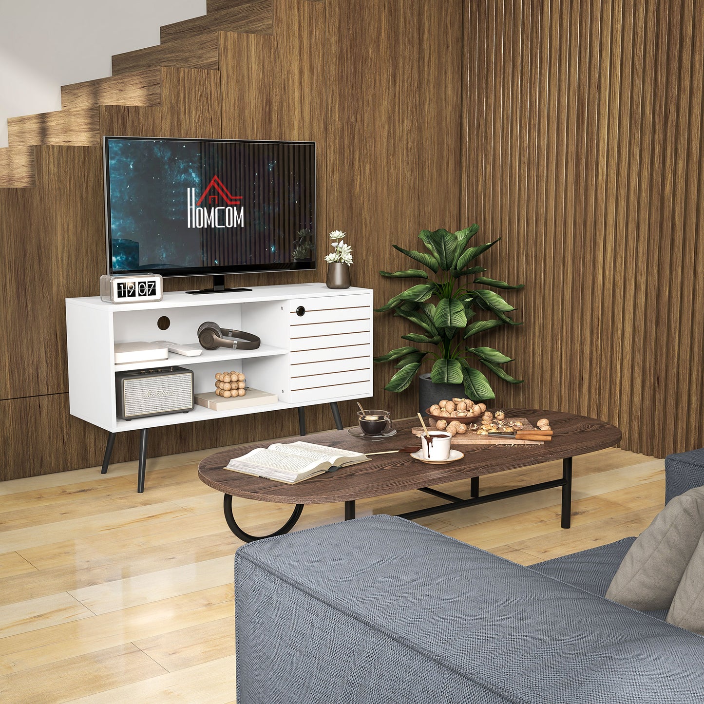 TV Stand Cabinet for 50-Inch, TV Table with Charging Station, Television Stand with Open Shelves, Door and Cable Holes TV Stands   at Gallery Canada