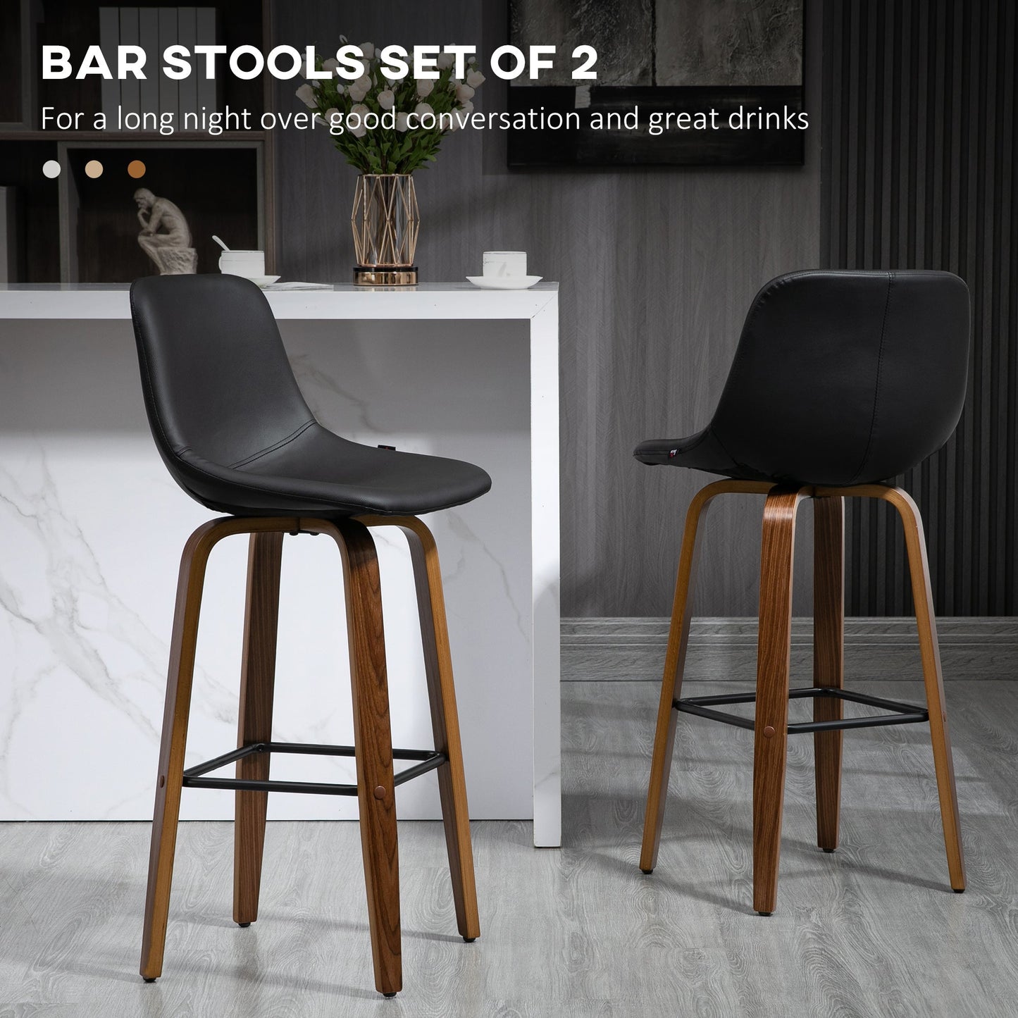 Bar Height Bar Stools Set of 2, Mid-Back Bar Chairs with PU Leather Upholstery and Solid Wood Legs for Kitchen, Black Bar Stools   at Gallery Canada