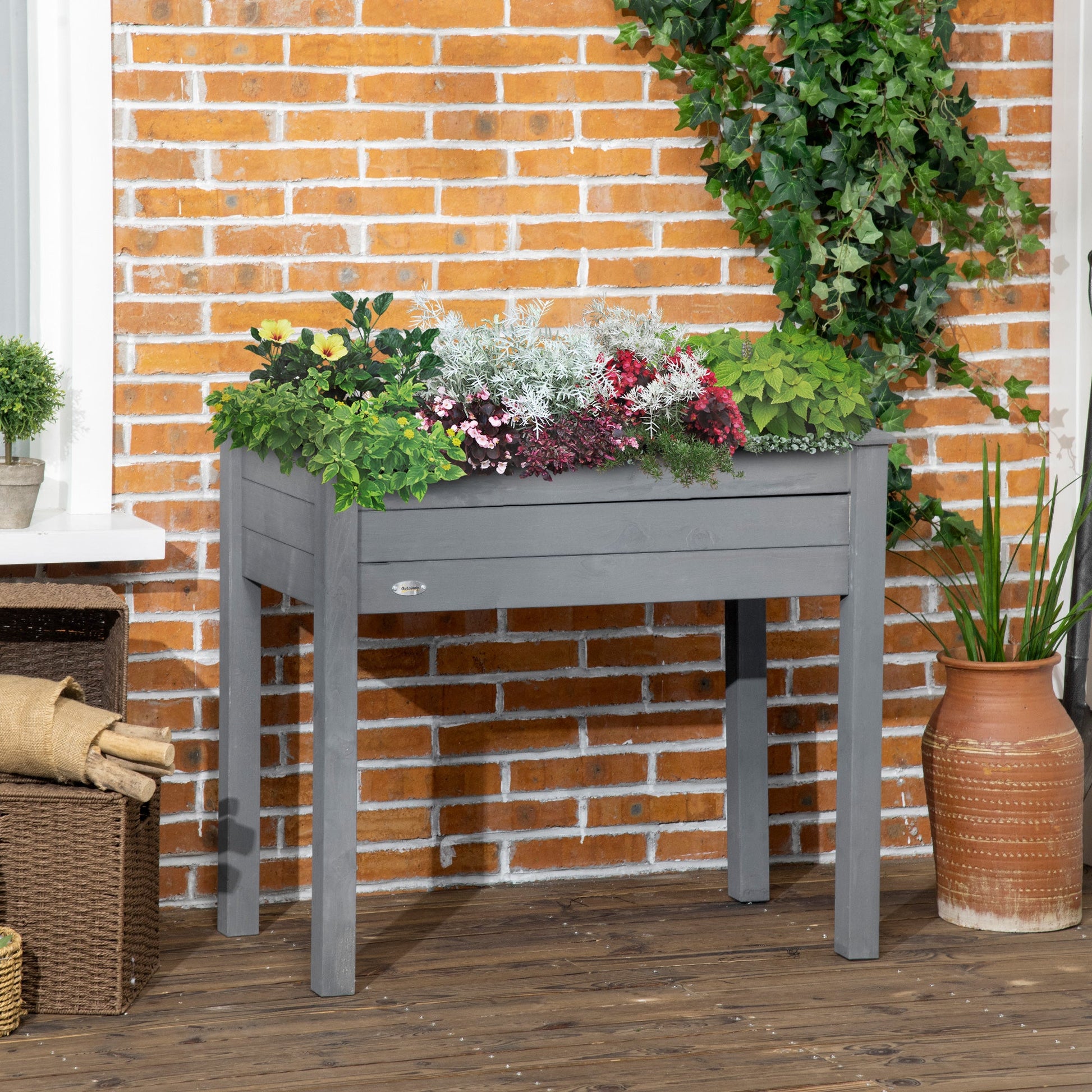 34"x18"x30" Wooden Raised Garden Bed, Elevated Planter Box with Legs, Drainage Holes, Inner Bag for Garden, Dark Grey Raised Garden Beds   at Gallery Canada