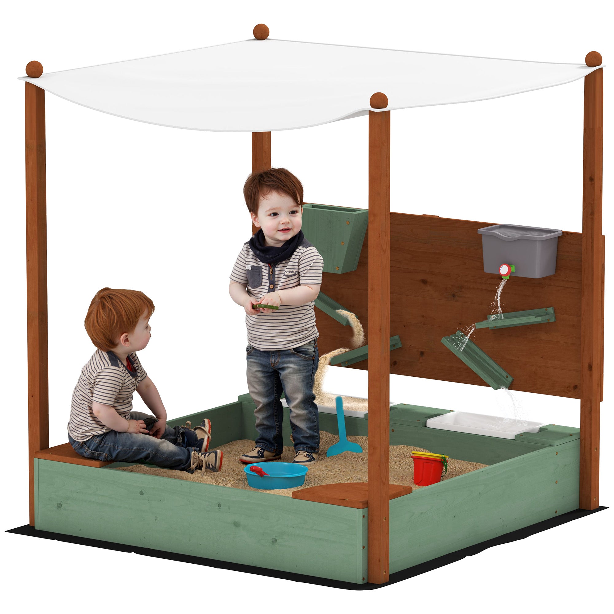 Wooden Kids Sandbox with Canopy, Sand Wall, Bottom Liner, for 3-6 Years, 46