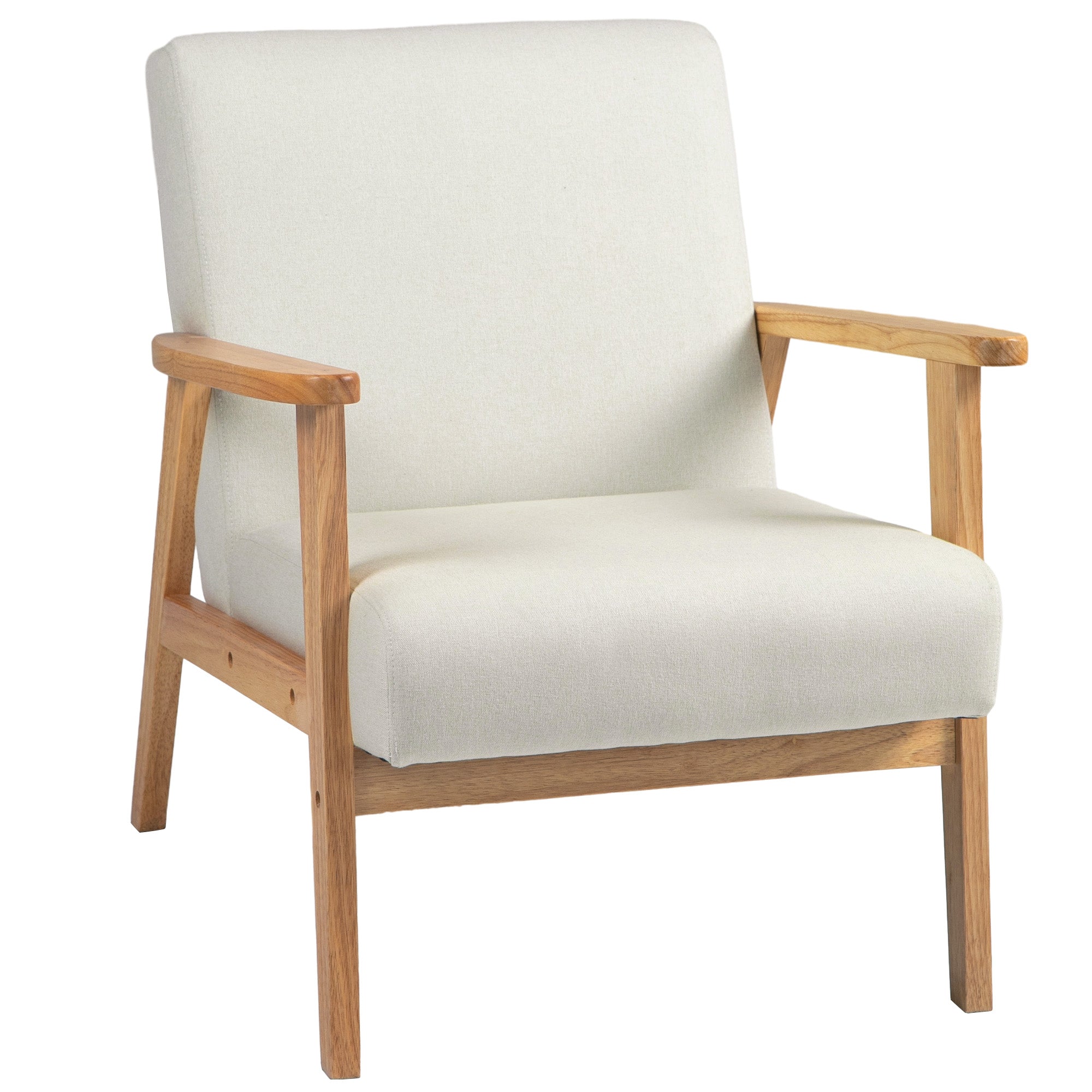 Mid-Century Modern Accent Chair Retro Fabric Armchair Wooden Arm Upholstered Lounge Chair for Living Room Cream White Accent Chairs   at Gallery Canada