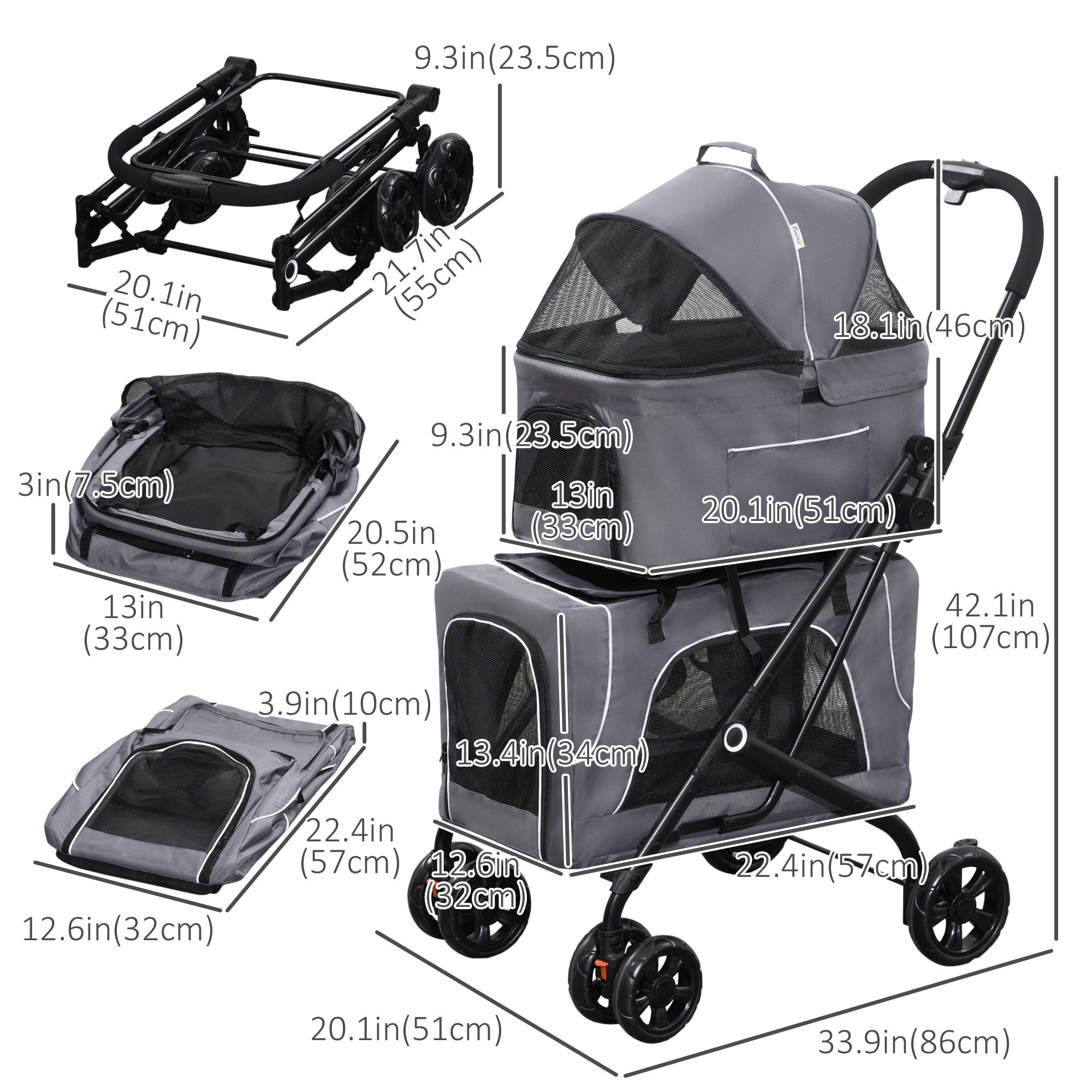 3-in-1 Double Pet Stroller for Small Miniature Dogs Cats with Removable Carrier, Foldable Travel Carrier Bag, Car Seat, Grey Dog Bike Trailers & Strollers   at Gallery Canada