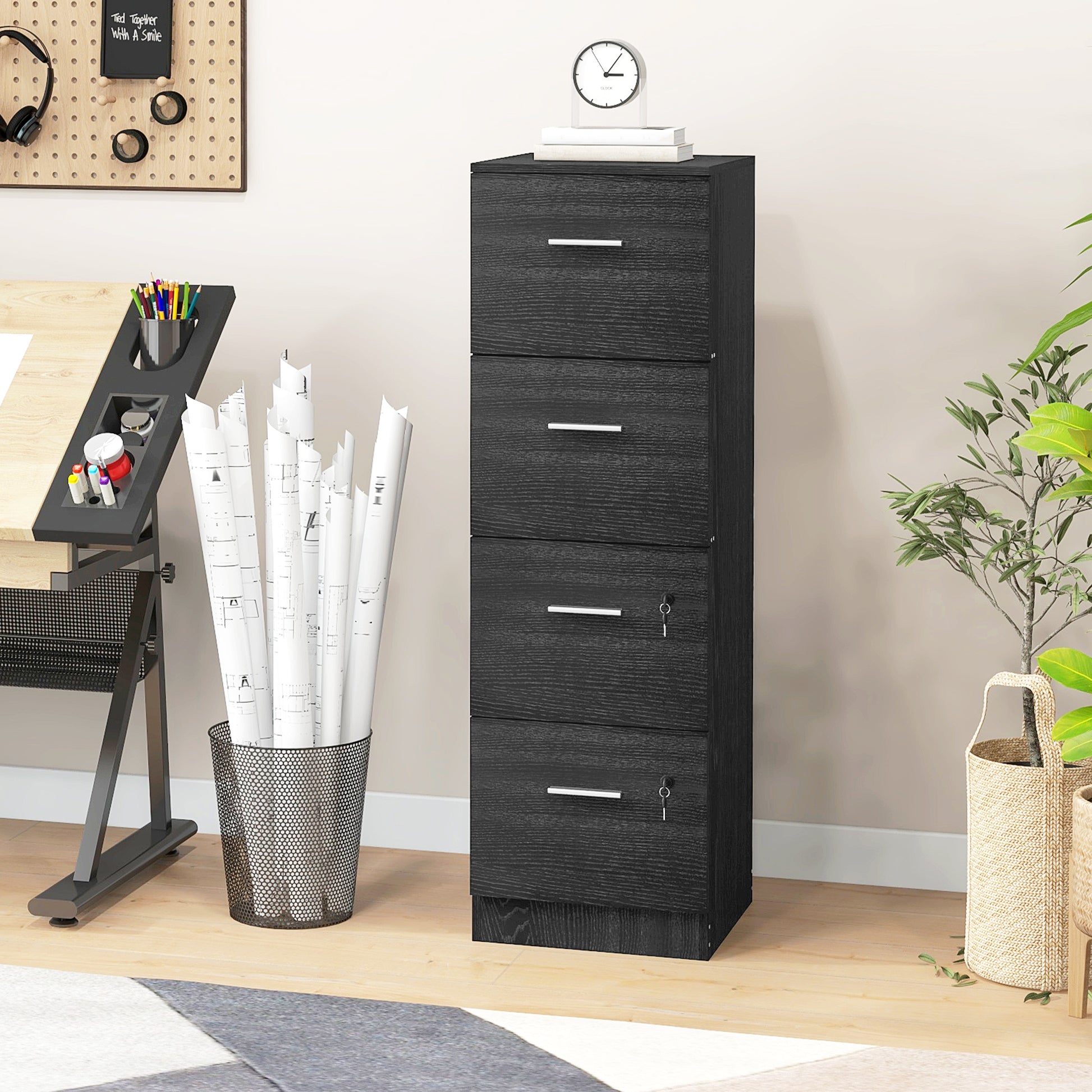 Vertical Filing Cabinet with Lock, 4 Drawer File Cabinet with Adjustable Hanging Bar for A4 and Letter Size, Black Office Cabinets & Cupboards   at Gallery Canada