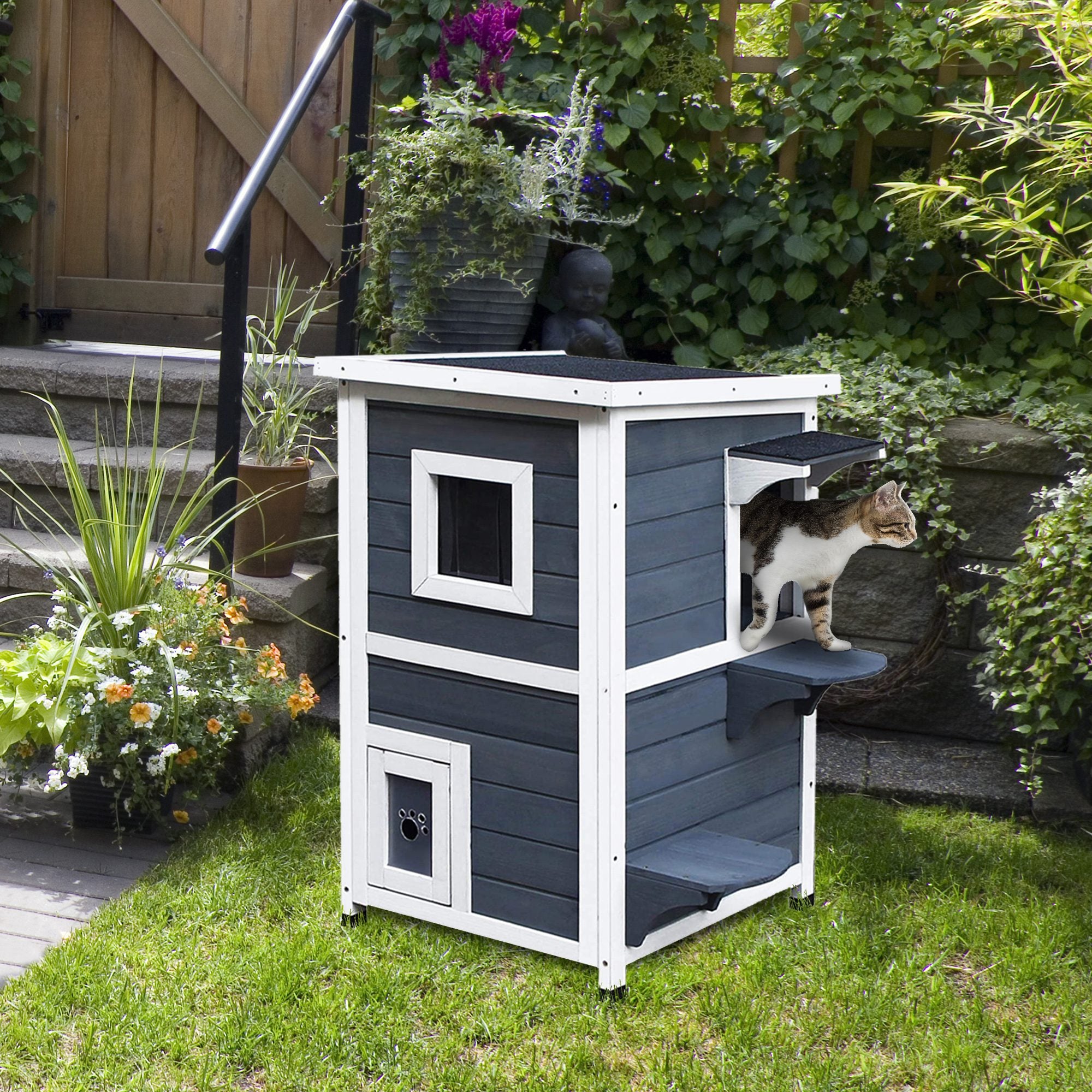 2 Story Wooden Outdoor Cat House with Windows, Platforms, Openable Top, Asphalt Roof, Grey Cat Houses at Gallery Canada