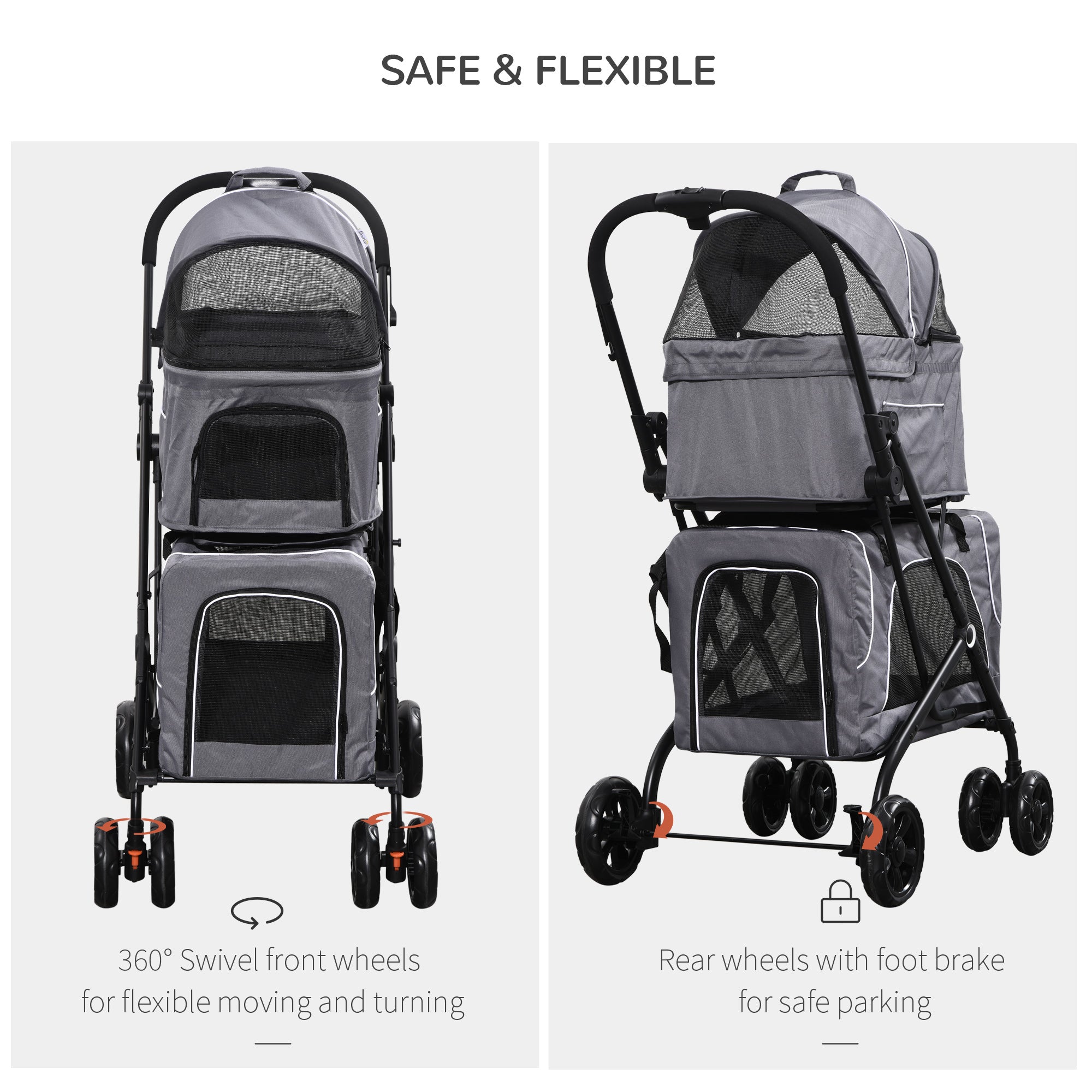 3-in-1 Double Pet Stroller for Small Miniature Dogs Cats with Removable Carrier, Foldable Travel Carrier Bag, Car Seat, Grey Dog Bike Trailers & Strollers   at Gallery Canada