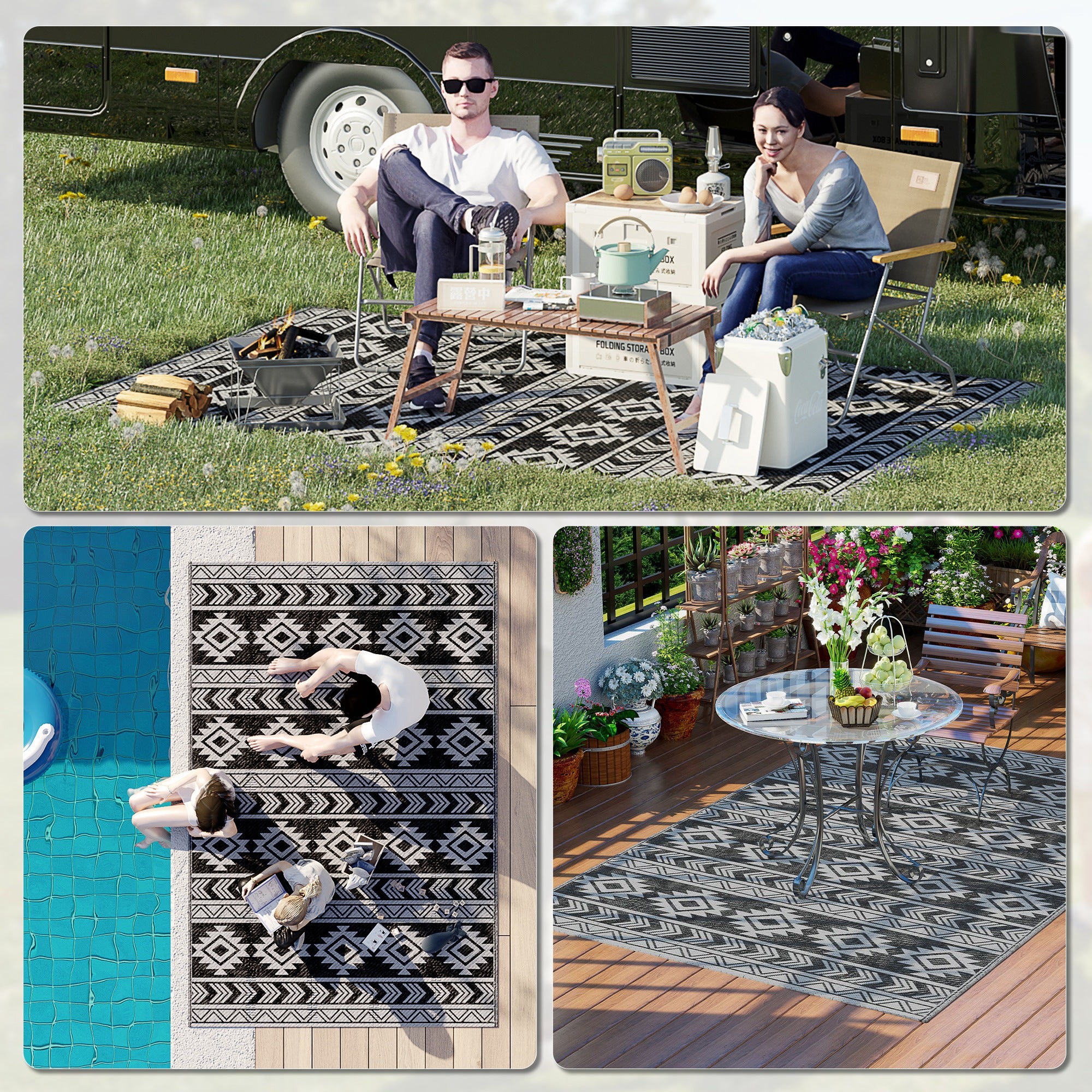 Reversible Outdoor RV Rug, Patio Floor Mat, 6' x 9' Plastic Straw Rug for Backyard, Deck, Beach, Camping, Black &; Grey Garden Decor at Gallery Canada