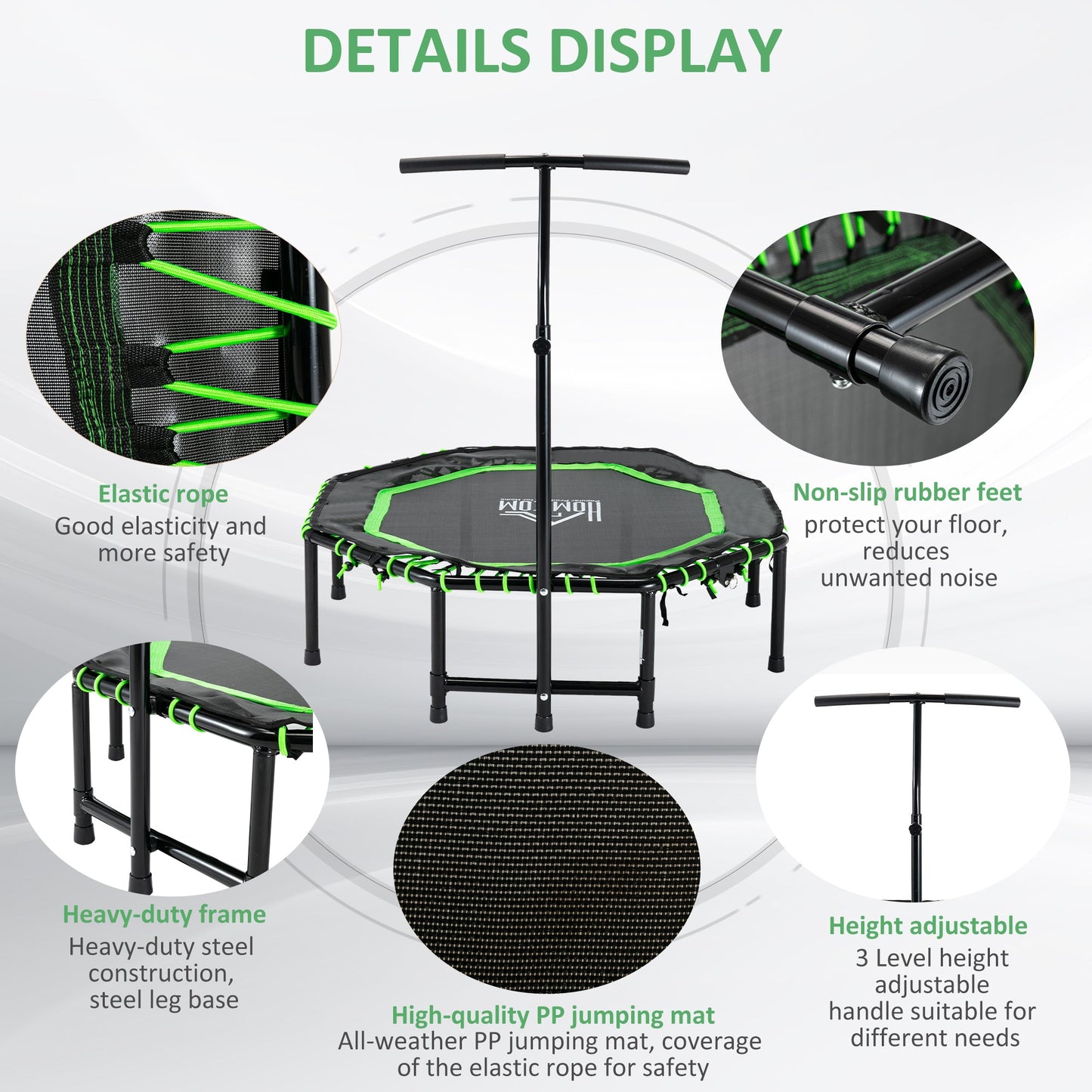 48" Mini Trampoline, Foldable Trampoline with Adjustable Handle Bar for Adults Exercise, Workout, Fitness, Green - Gallery Canada