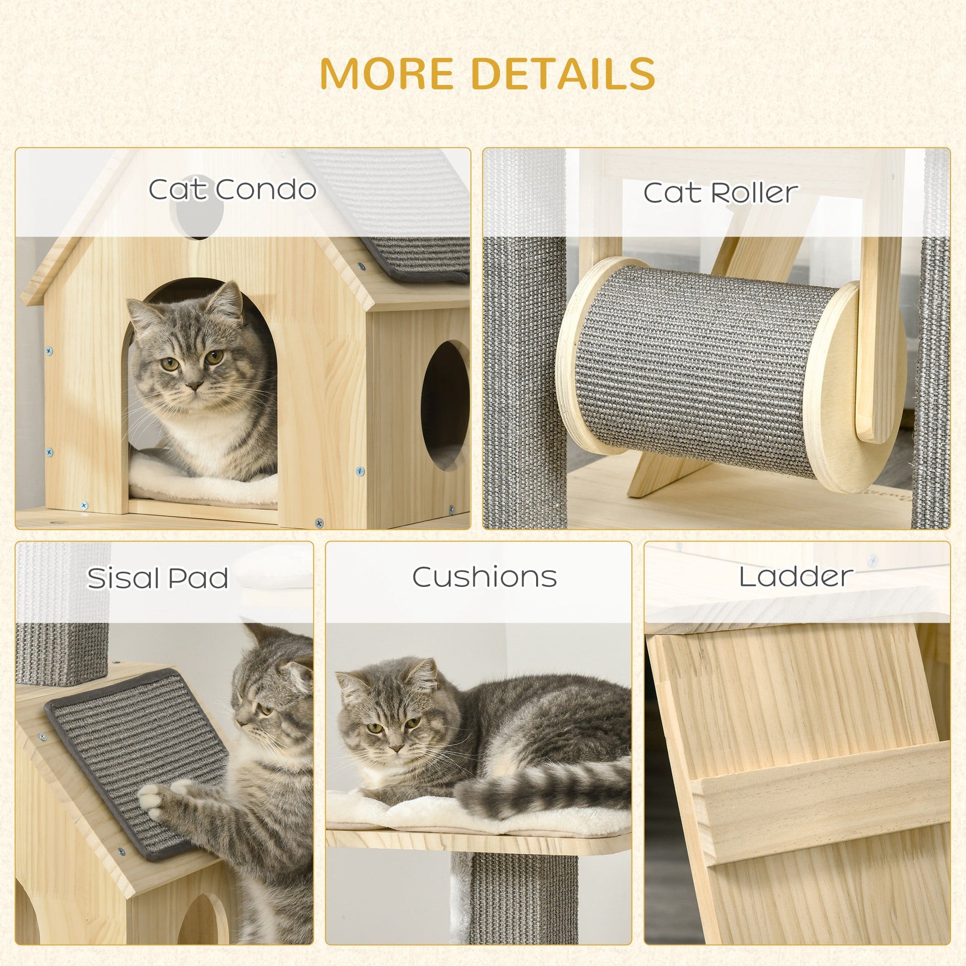 49" Cat Tree Kitty Activity Center Wooden Cat Climbing Toy Pet Furniture with Cat Condo Cat Roller Ladder Cushions Sisal Scratching Post Pad, Natural Cat Towers   at Gallery Canada