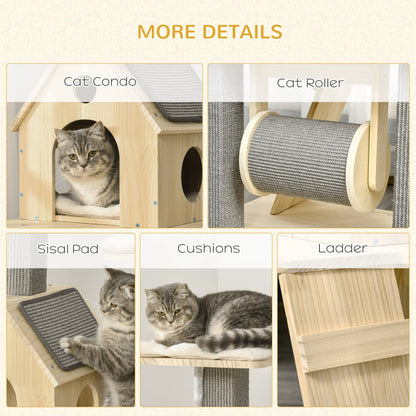 49" Cat Tree Kitty Activity Center Wooden Cat Climbing Toy Pet Furniture with Cat Condo Cat Roller Ladder Cushions Sisal Scratching Post Pad, Natural - Gallery Canada