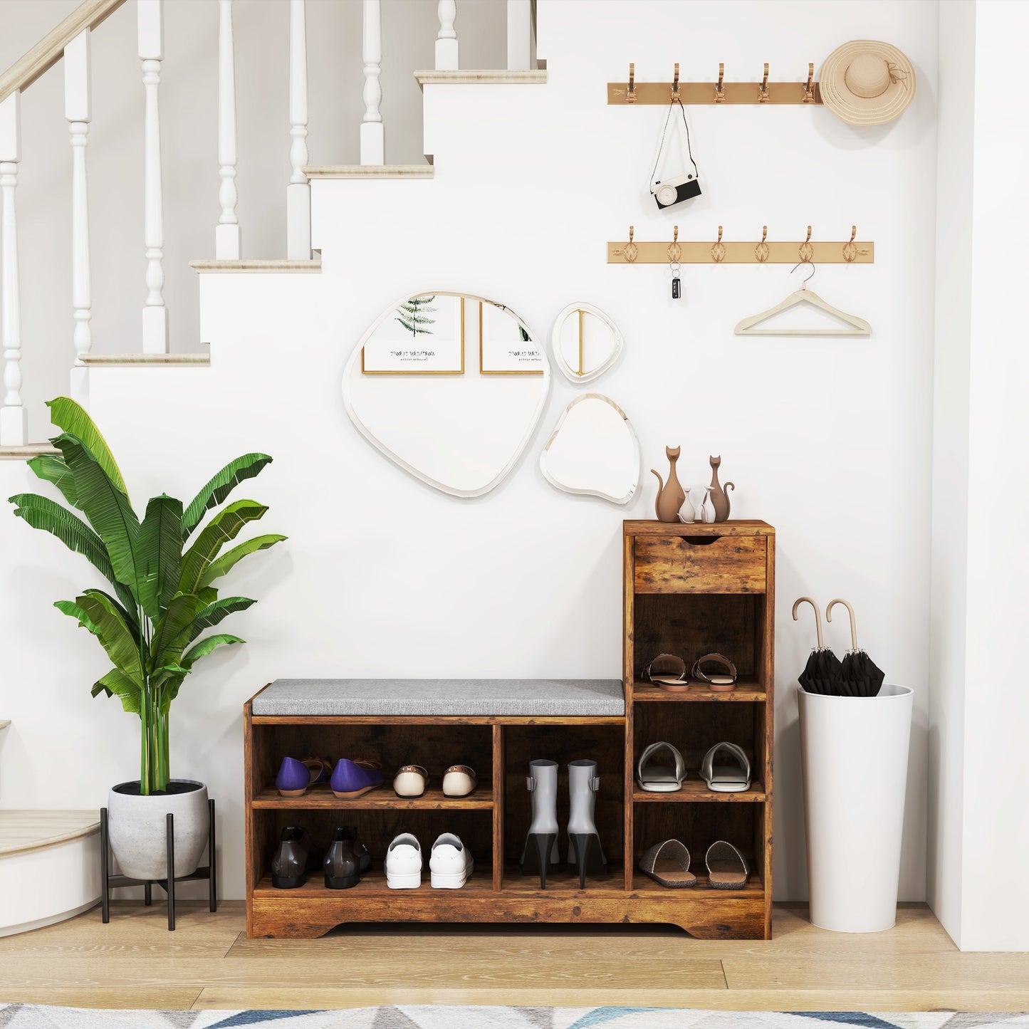 Upholstered Shoe Storage Bench w/ Seat, Entrance Bench w/ Drawer and 6 Open Shelves for Hallway, Rustic Brown Shoe Storage Cabinets & Racks   at Gallery Canada