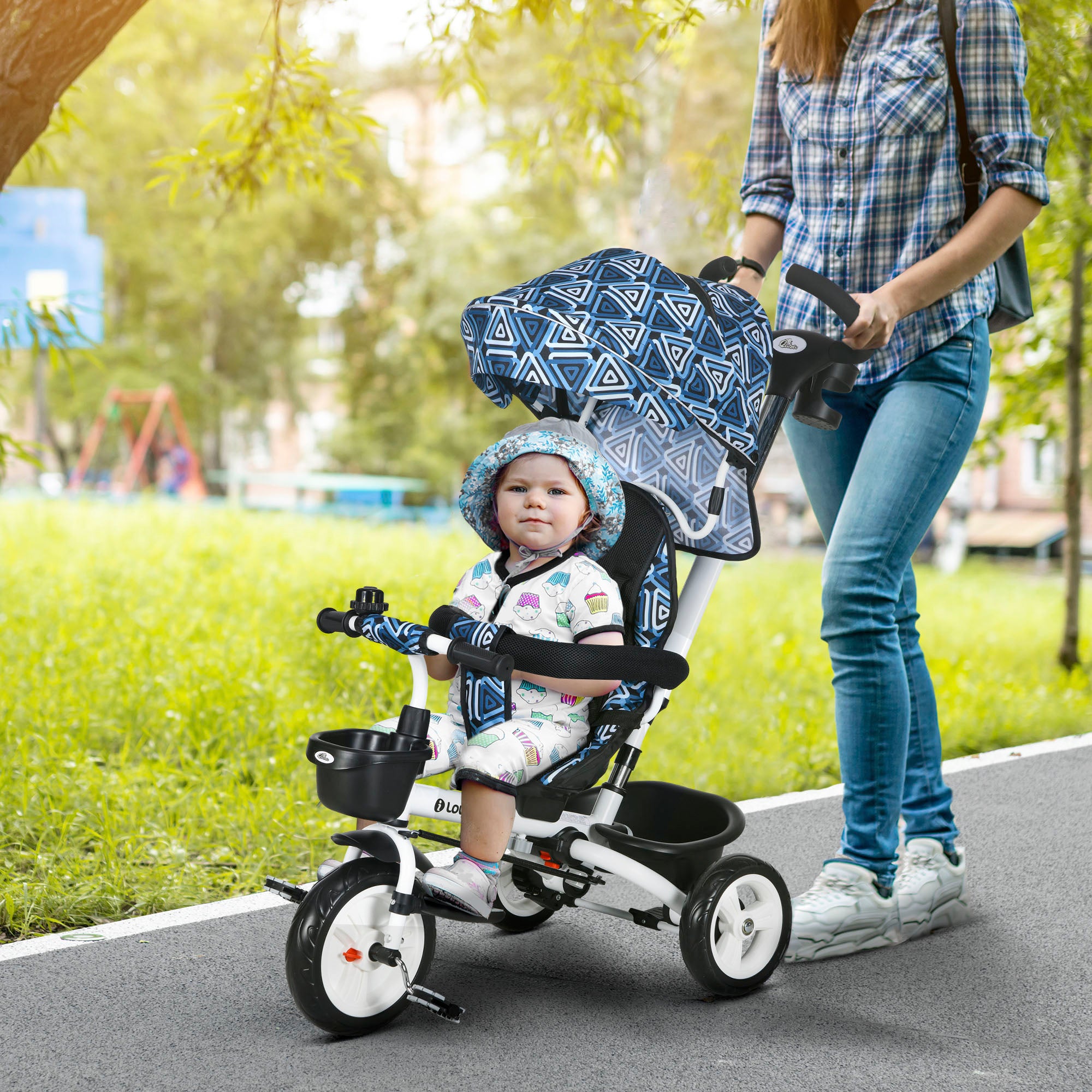6 in 1 Toddler Tricycle with Parent Push Handle, Canopy, Storage Baskets, Cupholder, Light Blue Tricycles for Kids at Gallery Canada