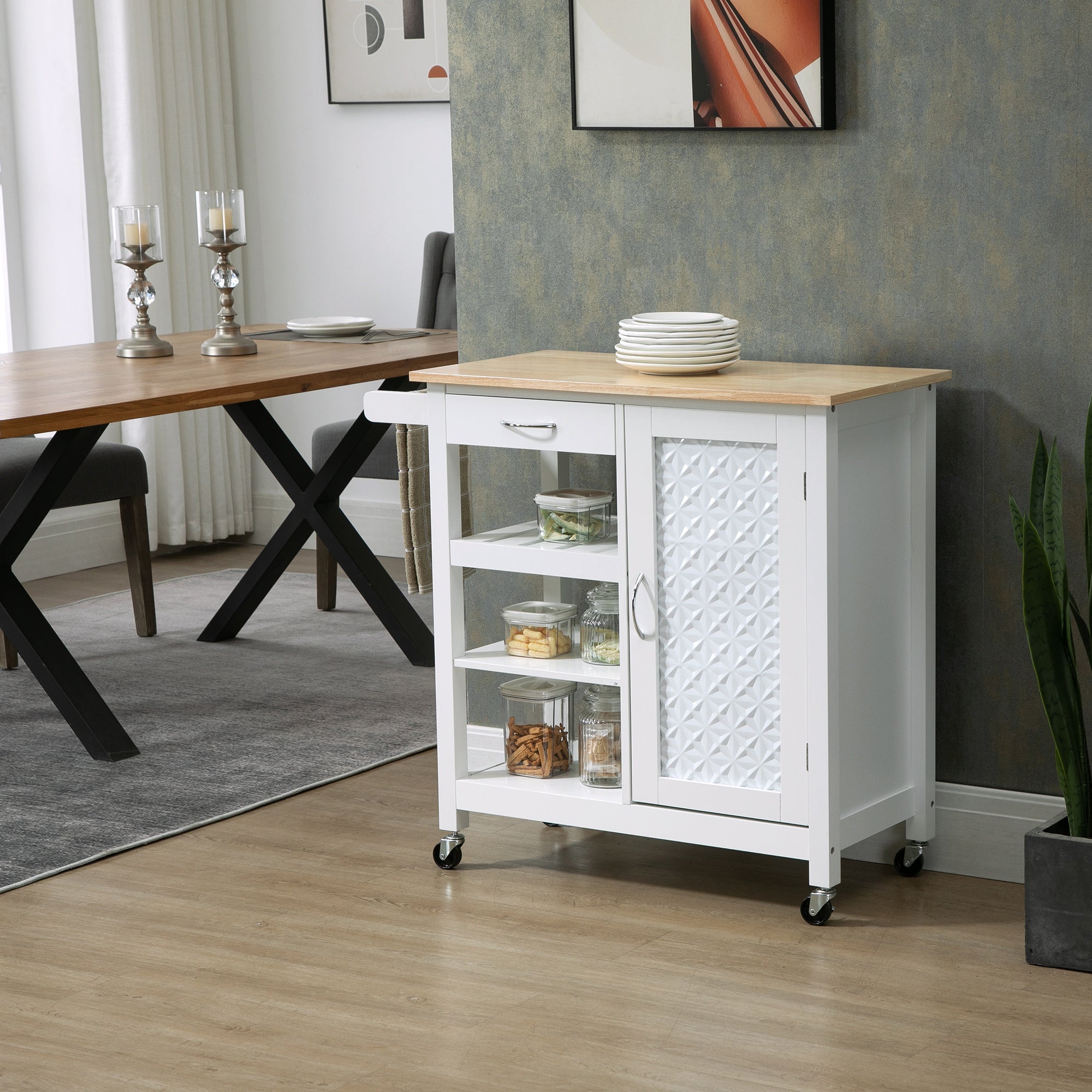 Kitchen Cart on Wheels with Embossed Door Panel, Utility Kitchen Island with Storage Drawer, White Kitchen Islands & Kitchen Carts at Gallery Canada