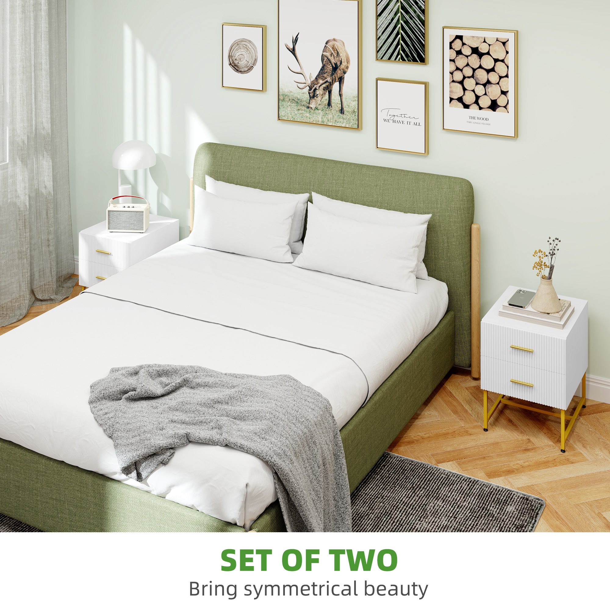 2 Pieces Nightstands with Storage, Modern Bedside Tables with 2 Fluted Drawers and Gold Legs for Bedroom, White Bedside Tables at Gallery Canada