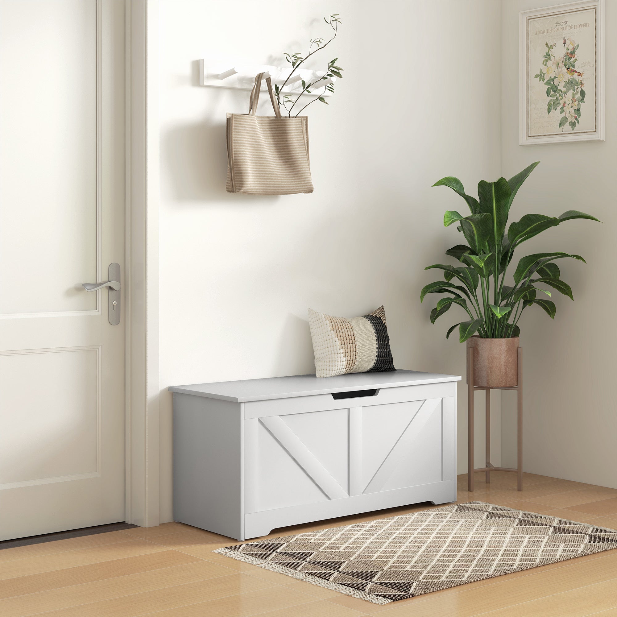 39.4 Inches Storage Chest, Storage Trunk with 2 Safety Hinges, Wooden Toy Box for Living Room, White Wood Grain Storage Cabinets White Wood Grain  at Gallery Canada