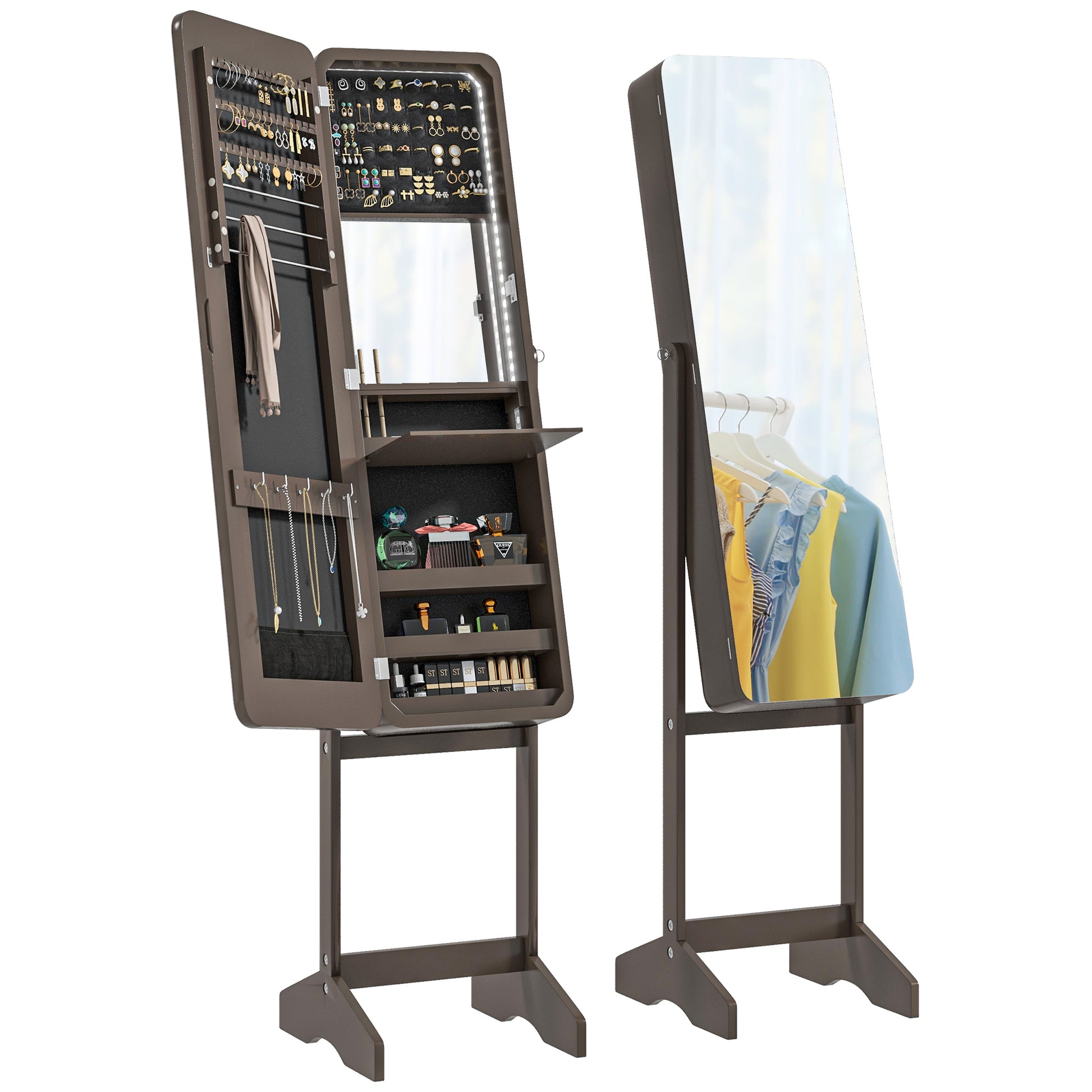 Standing Mirror Jewelry Cabinet, Jewelry Storage Cabinet with LED Lights and Angle Adjustable Full Length Mirror, Brown Jewelry Armoire & Jewellery Mirror Cabinets   at Gallery Canada