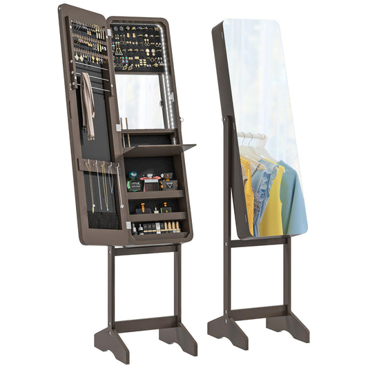 Standing Mirror Jewelry Cabinet, Jewelry Storage Cabinet with LED Lights and Angle Adjustable Full Length Mirror, Brown Jewelry Armoire & Jewellery Mirror Cabinets   at Gallery Canada