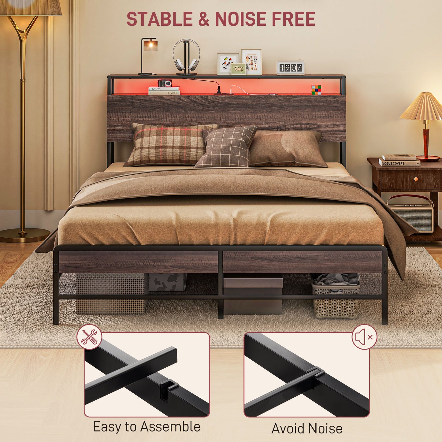 Queen Size Bed Frame with LED Lights and Charging Station, Queen Bed Frame with Storage Headboard, Noise-Free, Walnut Bedroom Furniture   at Gallery Canada