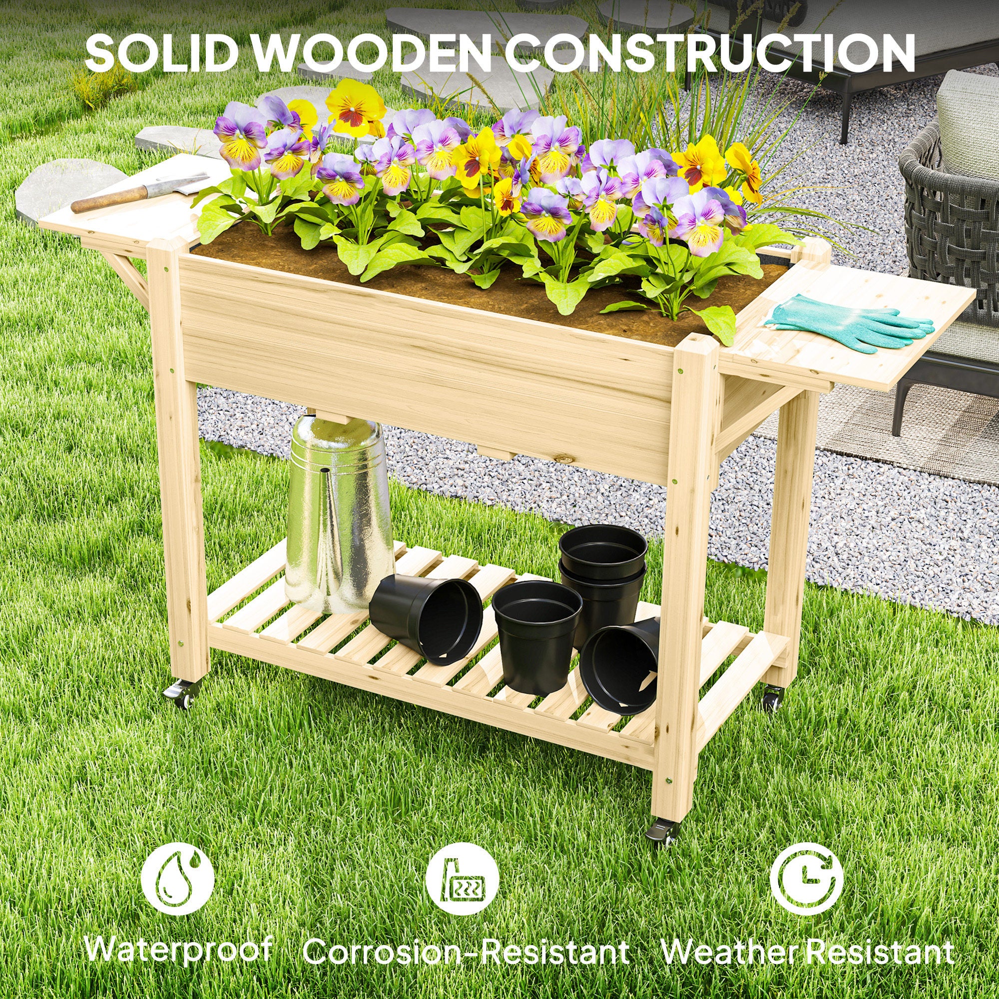 Raised Garden Bed, Wood Planter Box with Lockable Wheels, Side Tables, Bottom Shelf, Bed Liner, Drain Holes, Natural Raised Garden Beds at Gallery Canada