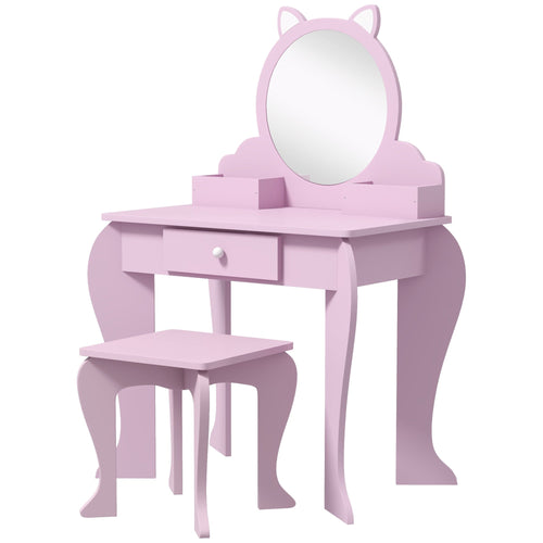 Makeup Vanity with Mirror and Stool, Cat Design, Drawer, Storage Boxes, for 3-6 Years Old, Pink