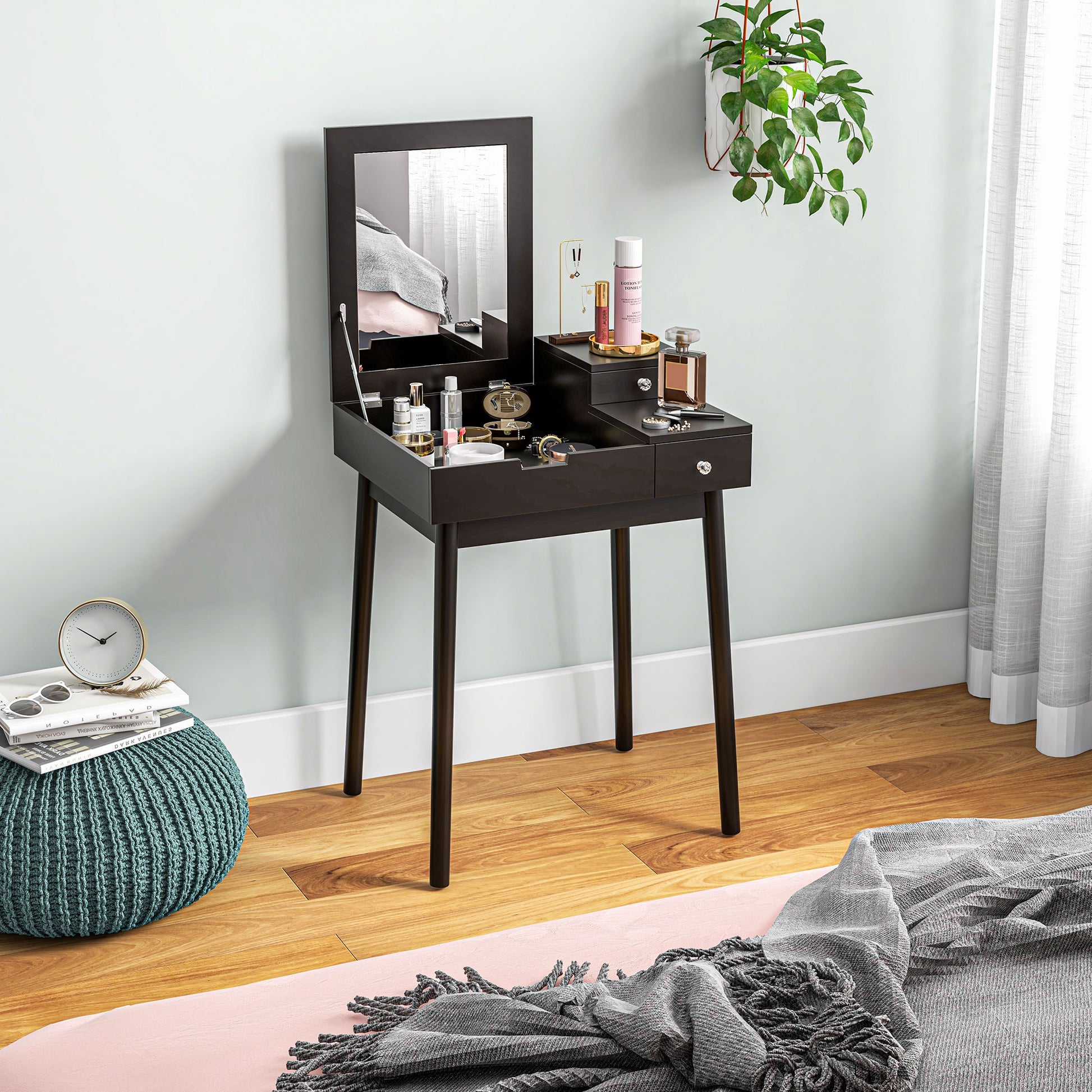 Makeup Vanity Table with Flip-up Mirror, Modern Dressing Table with 2 Drawers for Bedroom, Black Dressing & Vanity Tables   at Gallery Canada