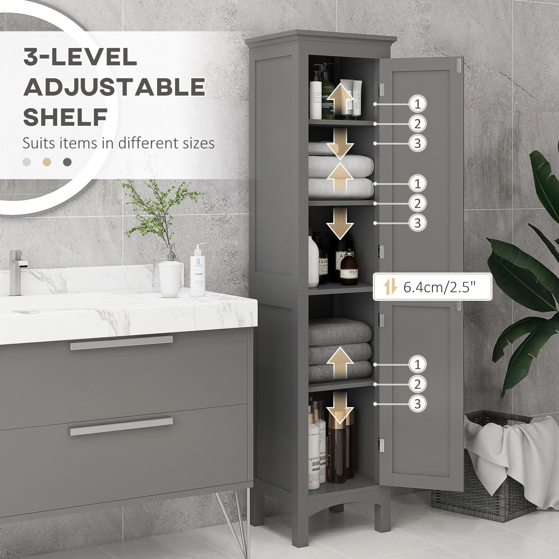 Tall Bathroom Cabinet, Freestanding Storage Organizer with Adjustable Shelves and Cupboards, 15" x 13" x 63", Grey Bathroom Cabinets   at Gallery Canada