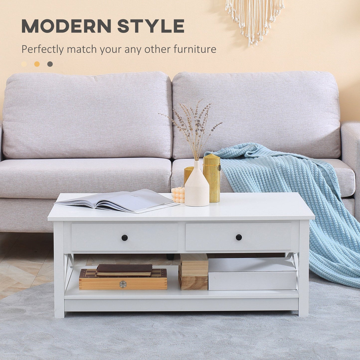 Coffee Table with Storage, Farmhouse Living Room Table with Drawers and Open Shelf, Centre Table with X-frames, White Coffee Tables   at Gallery Canada