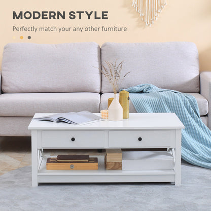 Coffee Table with Storage, Farmhouse Living Room Table with Drawers and Open Shelf, Centre Table with X-frames, White Coffee Tables   at Gallery Canada