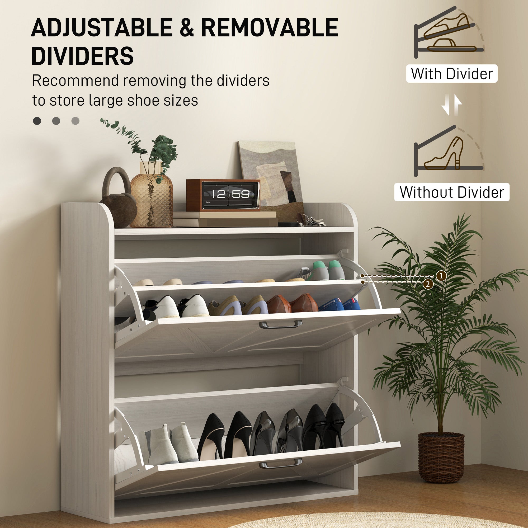 Narrow Shoe Storage Cabinet, Farmhouse Slim Shoe Cabinet with 2 Flip Drawers, Adjustable Shelves, White Oak Shoe Storage Cabinets & Racks at Gallery Canada