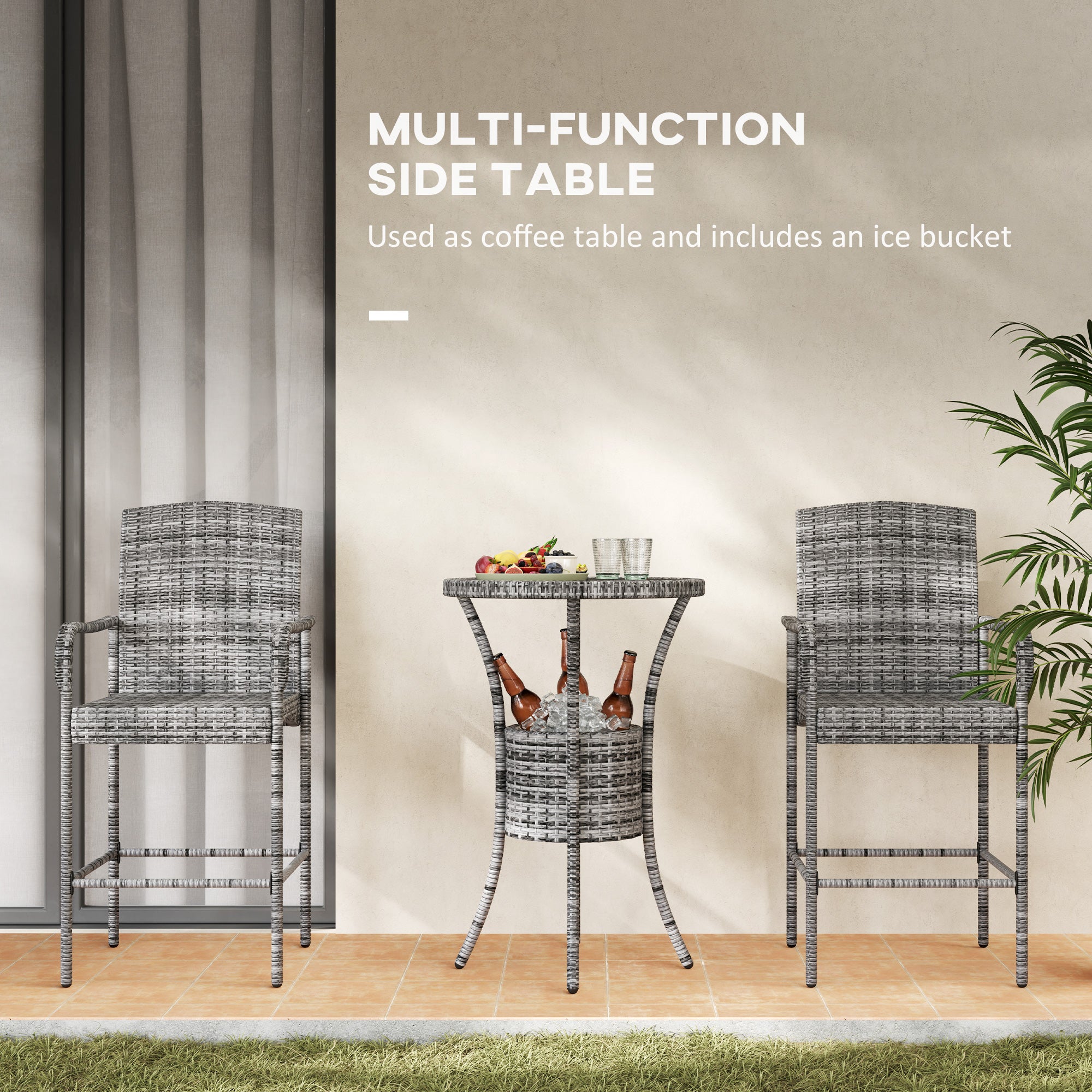 3 Pieces Patio Bar Set, Rattan Bistro Table and Chairs, Outdoor Conversation Furniture Set with Ice Bucket, Mixed Grey Bistro Sets at Gallery Canada