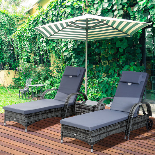 3 Pieces Patio Rattan Chaise Lounge Set, Outdoor PE Wicker Reclining Lounger Furniture Set, Adjustable Portable with Wheeled &; Side Table, Grey Chaise Loungers   at Gallery Canada