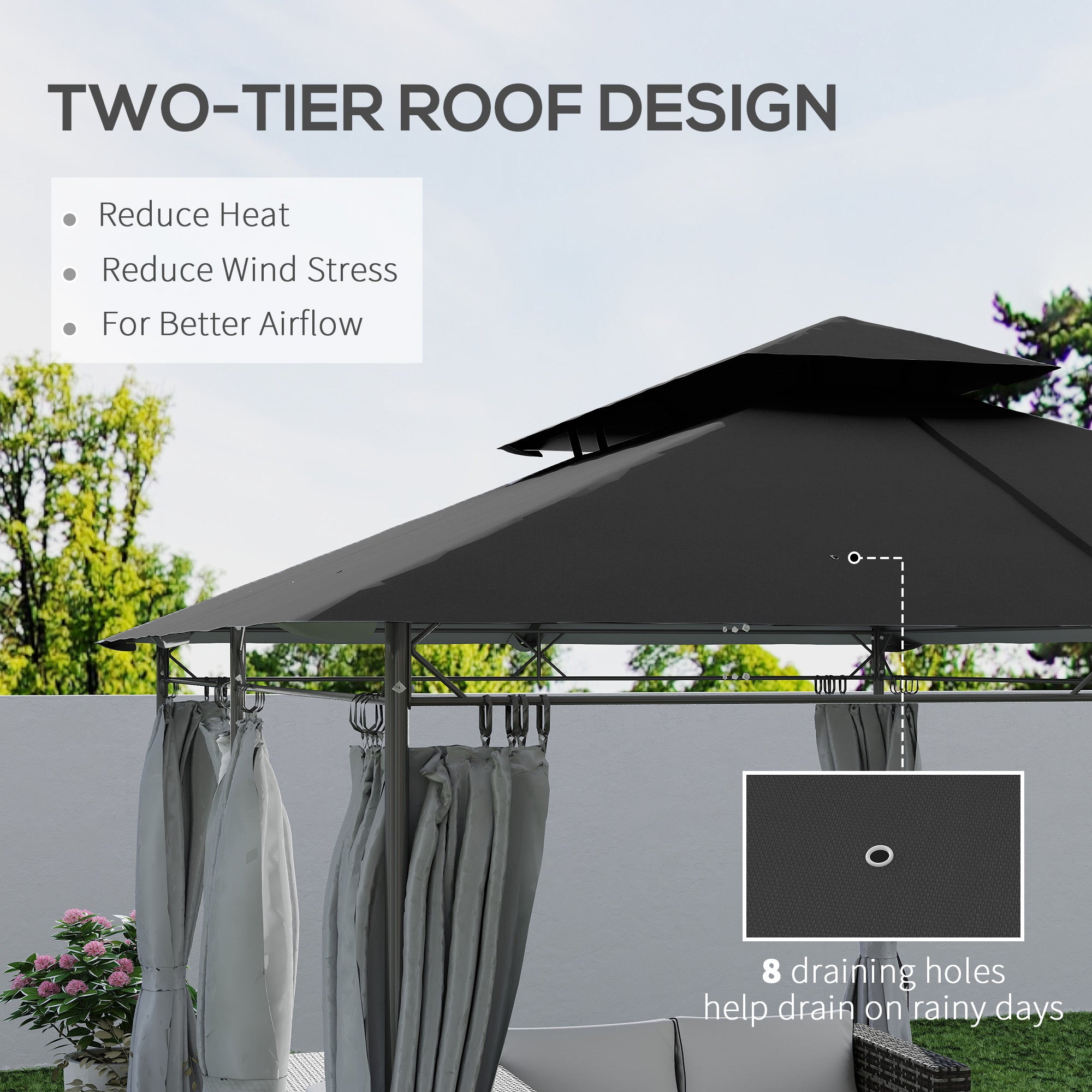 10' x 13' Double Roof Patio Gazebo, Outdoor Gazebo with Curtains, for Garden, Lawn, Backyard and Deck, Dark Grey Gazebos at Gallery Canada