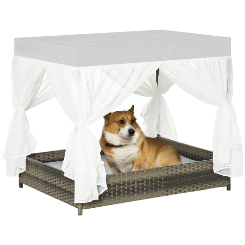 Wicker Dog Bed for Indoor Outdoor, Elevated Pet Sofa, Rattan Cat Bed for Garden Patio, Weatherability Roof for Medium-Sized Dogs, Grey
