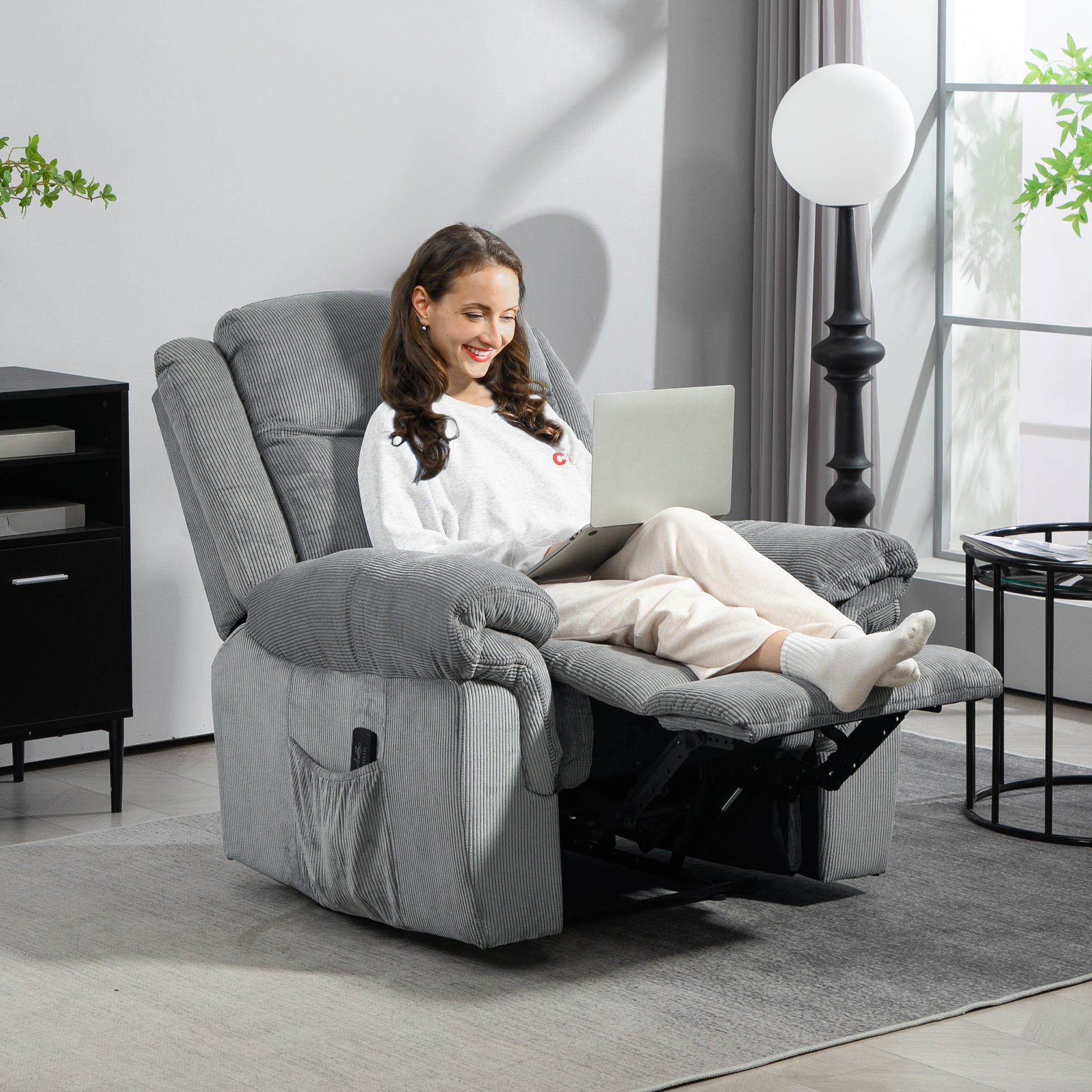 Manual Recliner Chair with Vibration Massage, Side Pockets, Corduroy Reclining Chair for Living Room, Grey Sofas & Reclining Chairs at Gallery Canada