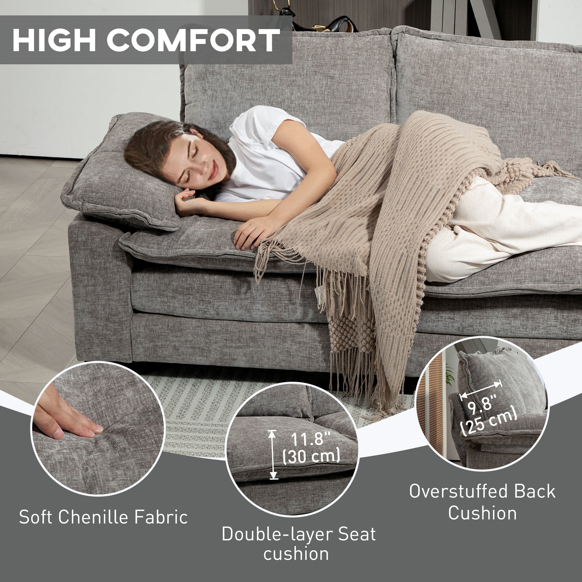 Sofa Couch with Chaise Lounge, Chenille L-shaped Couch with Double-layer Seat Cushion for Living Room, Grey Sofas & Reclining Chairs at Gallery Canada
