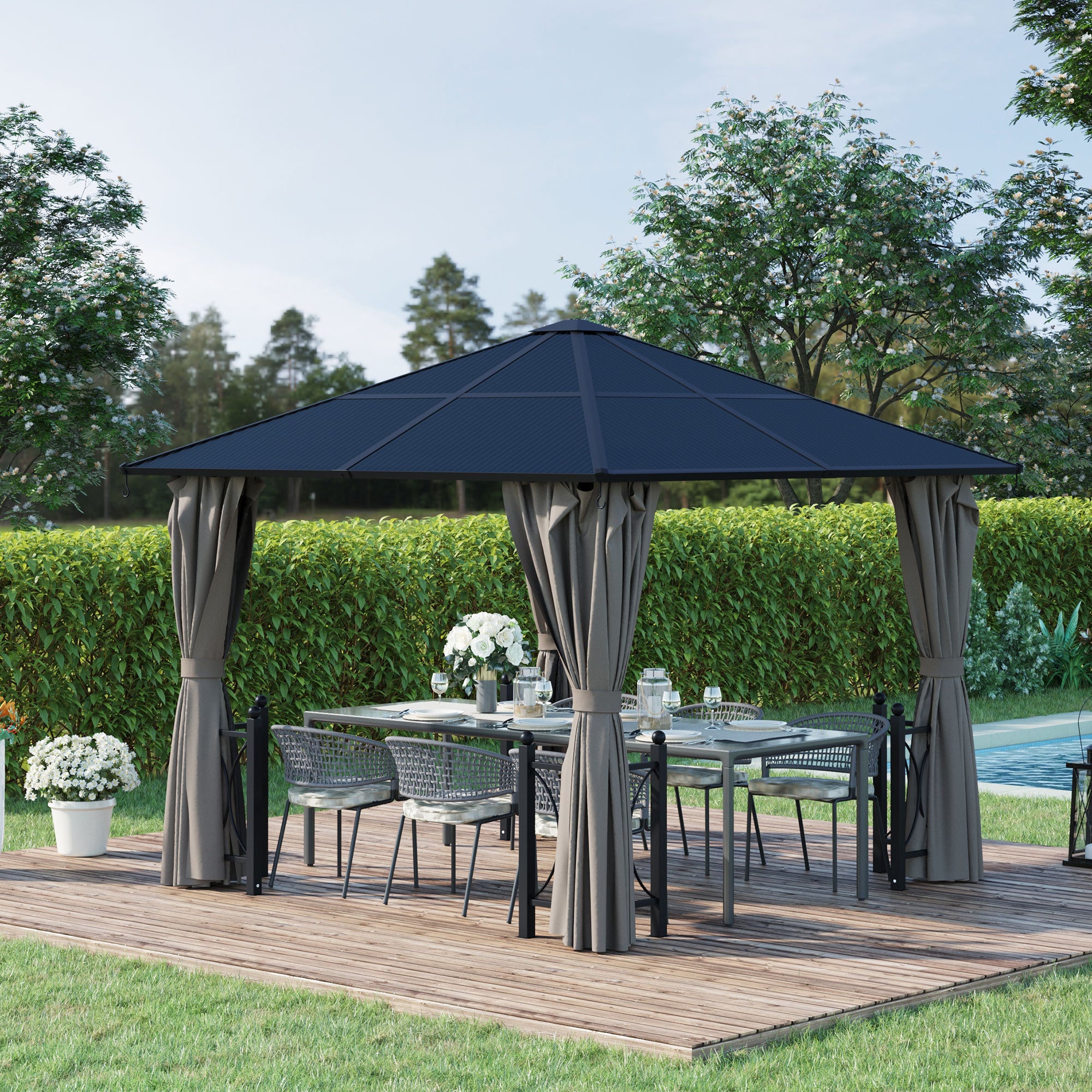 10' x 10' Hardtop Gazebo with PC Board Roof and Aluminum Frame, Patio Gazebo with Curtains and Netting for Party Wedding Marquee Tent, Black Gazebos at Gallery Canada