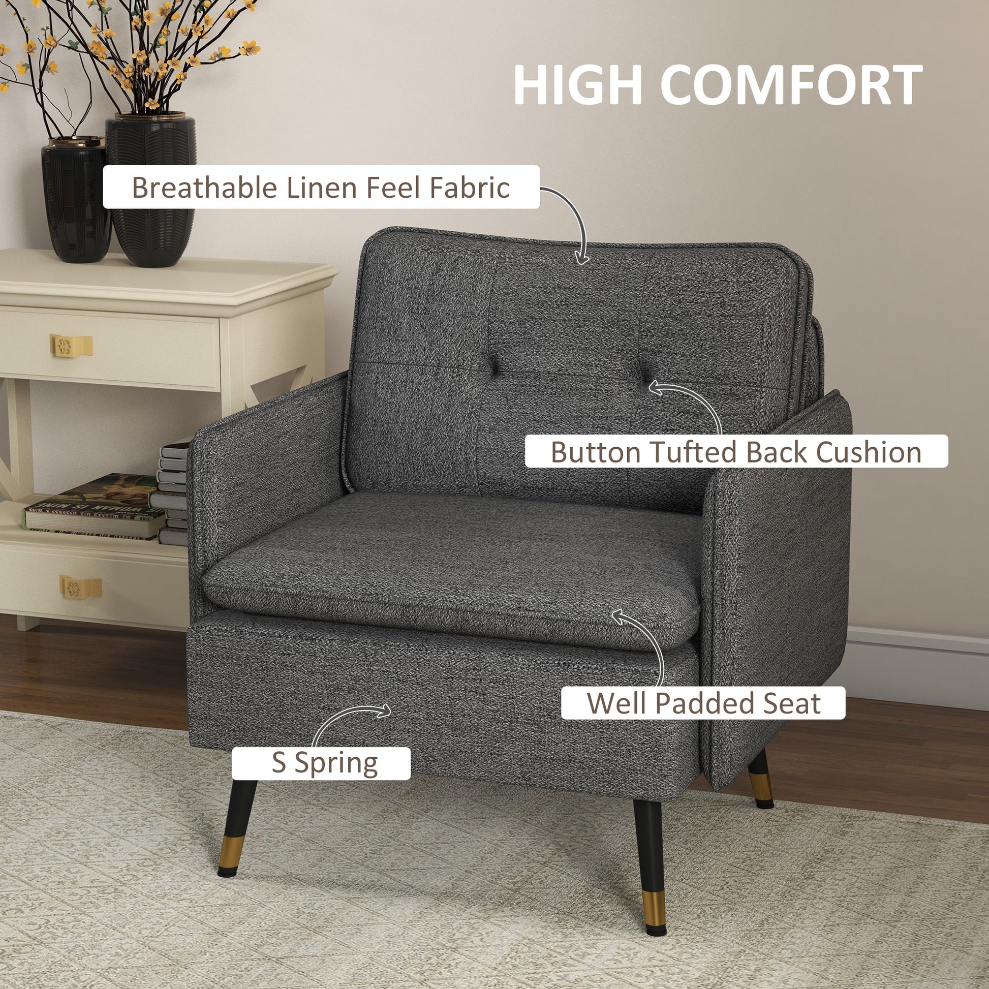 Modern Armchair, Upholstered Accent Chair with Tufted Back Cushion and Steel Legs for Living Room, Bedroom, Dark Grey Accent Chairs   at Gallery Canada