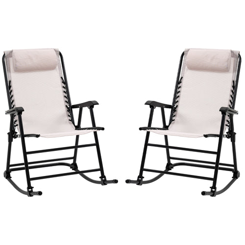 2pc Patio Foldable Rocking Chair Set w/ Breathable Mesh Seat &; Backrest, Padded Headrest for Park, Backyard, Garden, Cream White