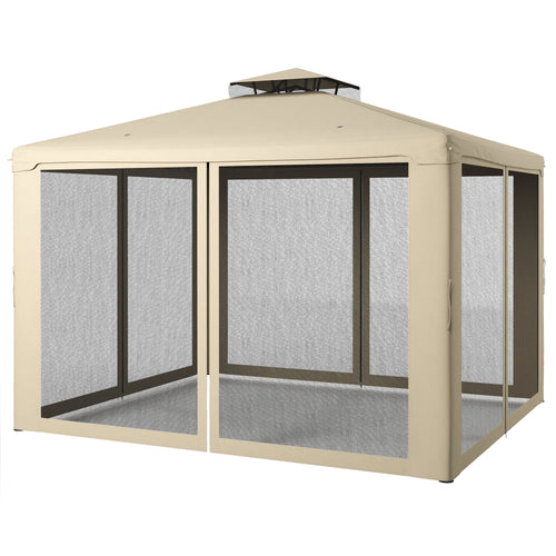 12' x 10' Patio Gazebo Outdoor Pavilion 2 Tire Roof Canopy Shelter Garden, Steel Frame w/ Mosquito Netting, Taupe